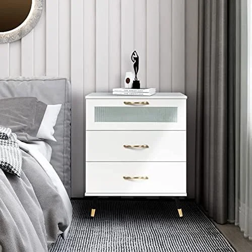 xrboomlife White Nightstand Modern 3 Drawer Nightstands  Bedroom Dresser Accent Bedside Cabinet End Side Table Modern Night Stand Perfect for Bedroom Living Room Accessories White (White