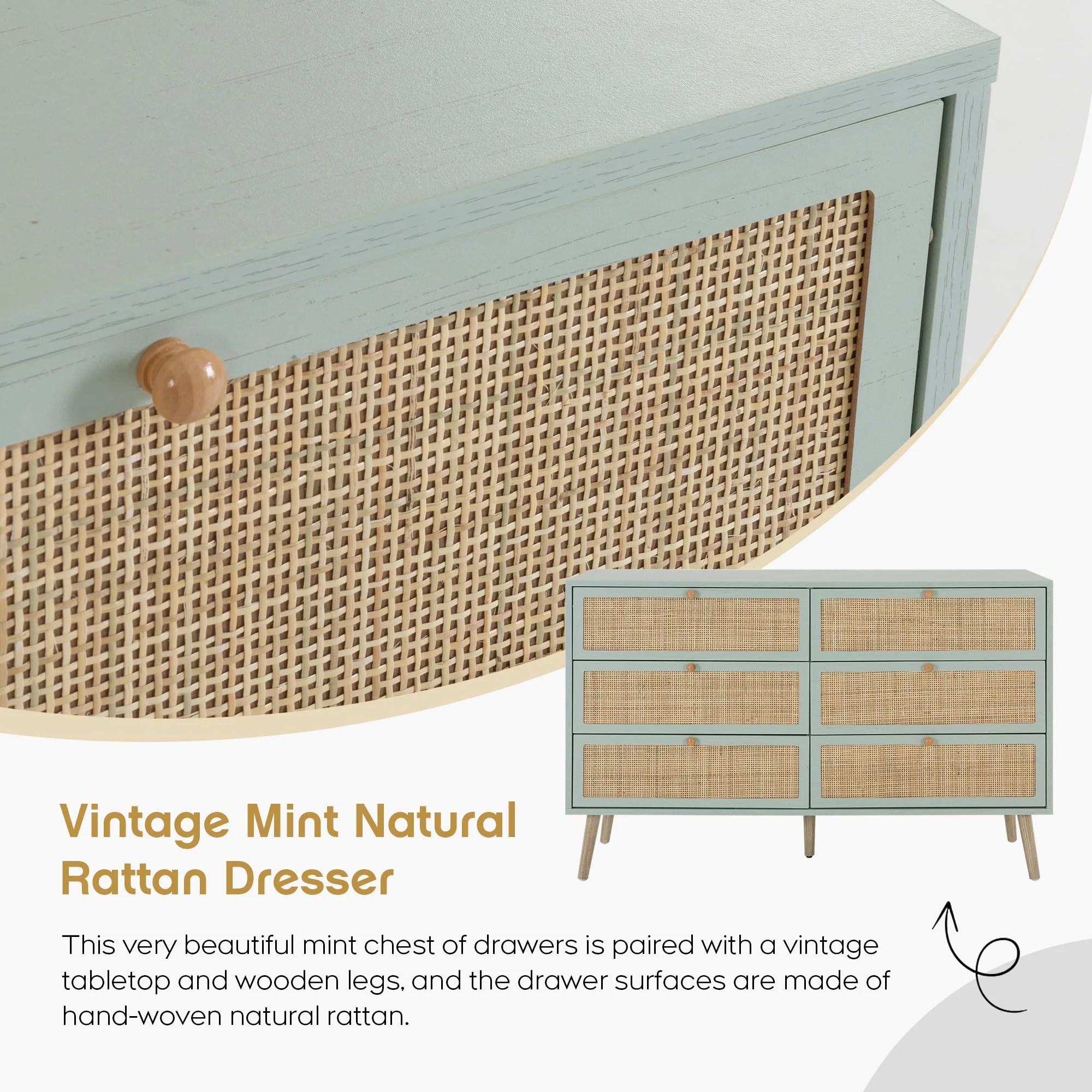 Brafab Vintage Natural Rattan 6 Drawers Dresser for Bedroom, Mid-Century Modern Dresser with Sturdy Wooden Legs, Boho Double Chest of Drawers with Wood Handles for Closet, Living Room, Mint