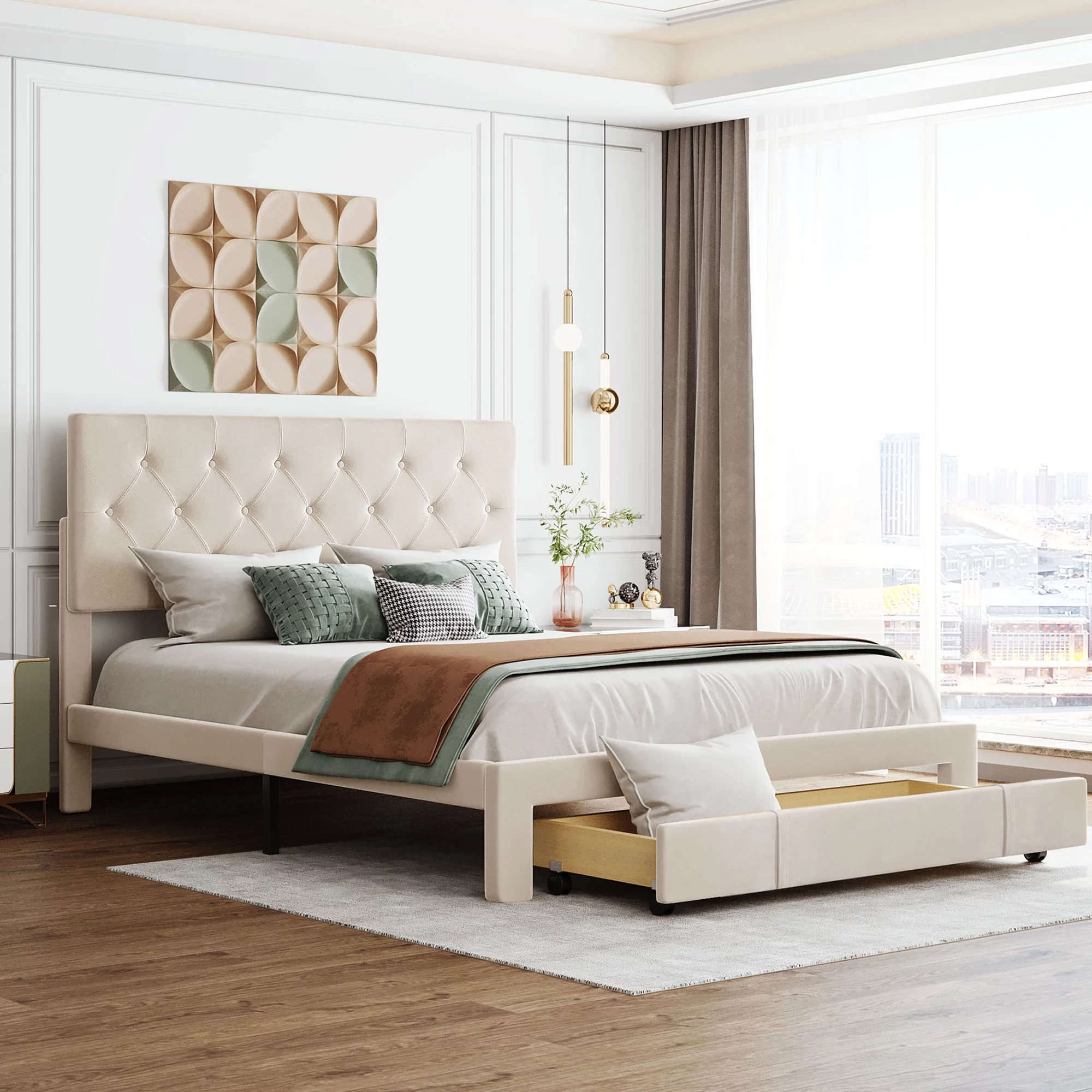 SYNGAR Beige Queen Size Storage Bed, Queen Platform Bed Frame with Upholstered Button Tufted and Height Adjustable Headboard, Solid Wood Platform Bed with Drawer Storage, No Box Spring Needed