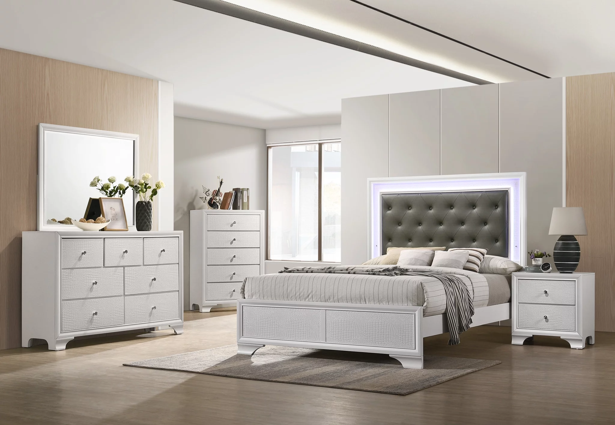 Transitional Style Frost Finish 4pc Full Size Bedroom Set Bed Dresser Mirror Nightstand White LED Light Upholstery Headboard