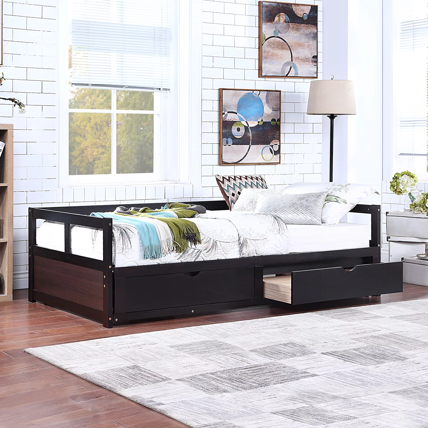 Wood Extendable Twin to King Daybed with Trundle for Teens Adults, Modern Sofa Bed for Bedroom Living Room - Espresso