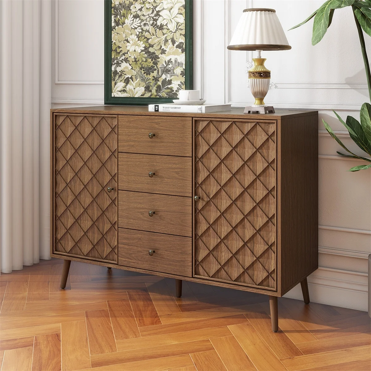 Boho Mid-Century Sideboard Buffet Cabinet with 3 Drawers and 2 Doors