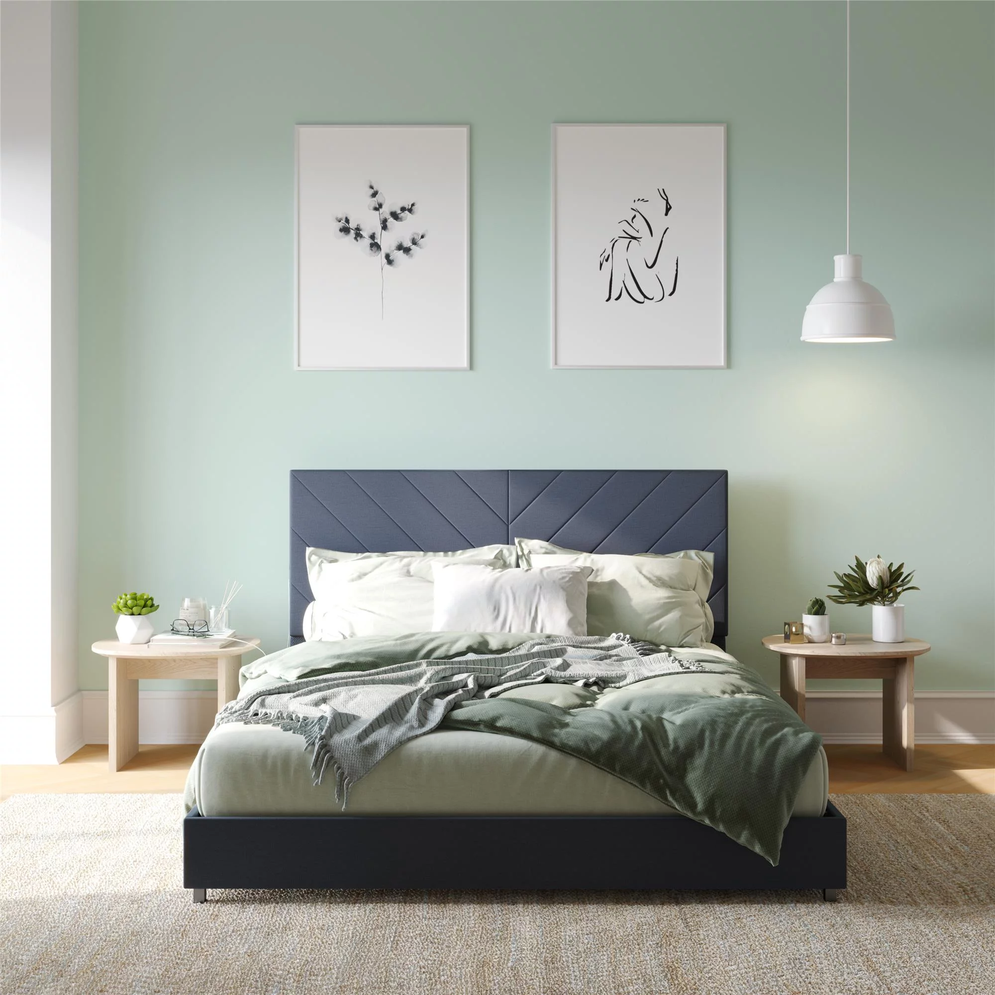 DHP Paxson Upholstered Bed with USB Charging Port and Power Connection, Queen, Navy Linen