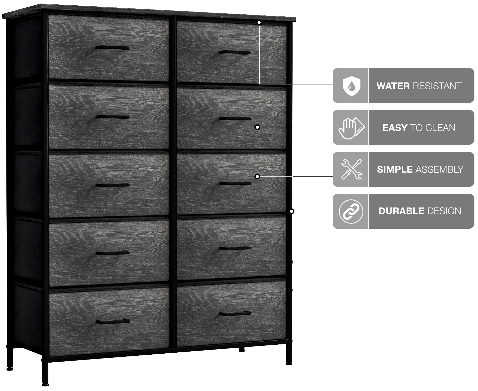 Sorbus Dresser with 10 Faux Wood Drawers - Storage Unit Organizer Chest for Clothes - Bedroom, Hallway, Living Room, Closet, & Dorm Furniture - Steel Frame, Wood Top, & Easy Pull Polyester Fabric Bins