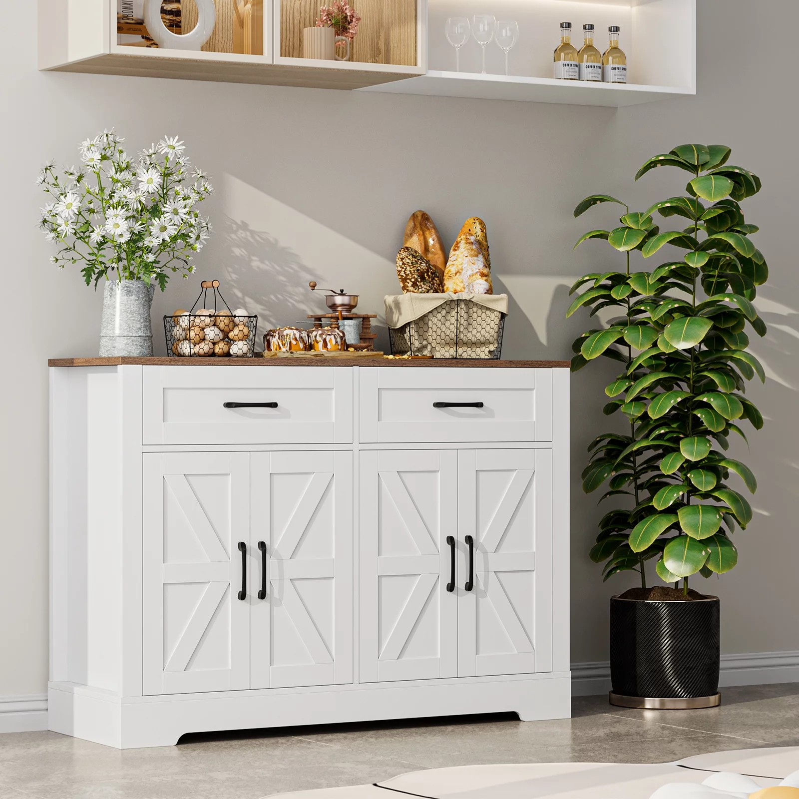 Homfa Farmhouse Buffet Sideboard, 2 Drawers & 4 Doors Shelf Space Wood Storage Cabinet Credenza for Kitchen Living Room, White