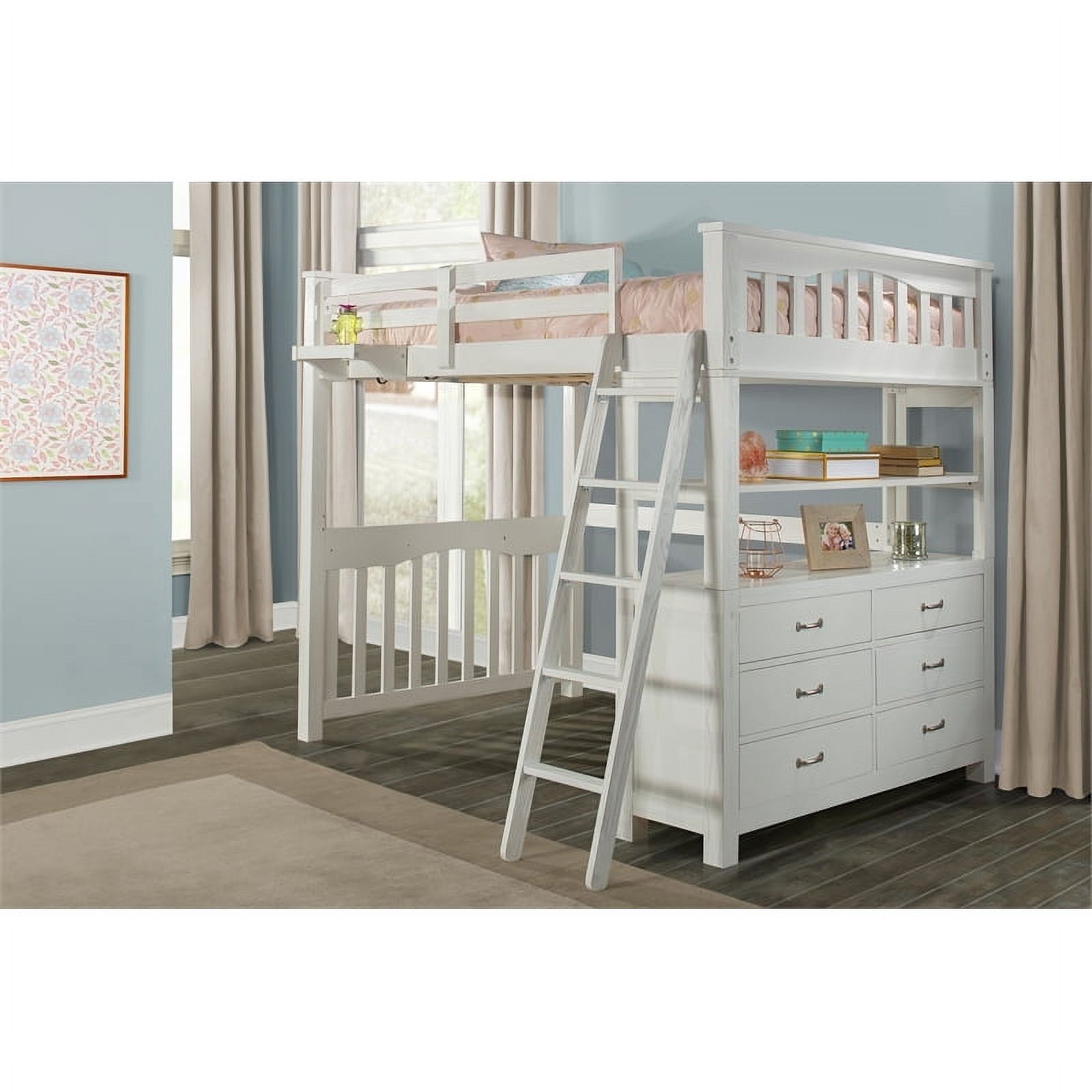 Pemberly Row Modern Wood Full Loft Bed with Hanging Nightstand in White