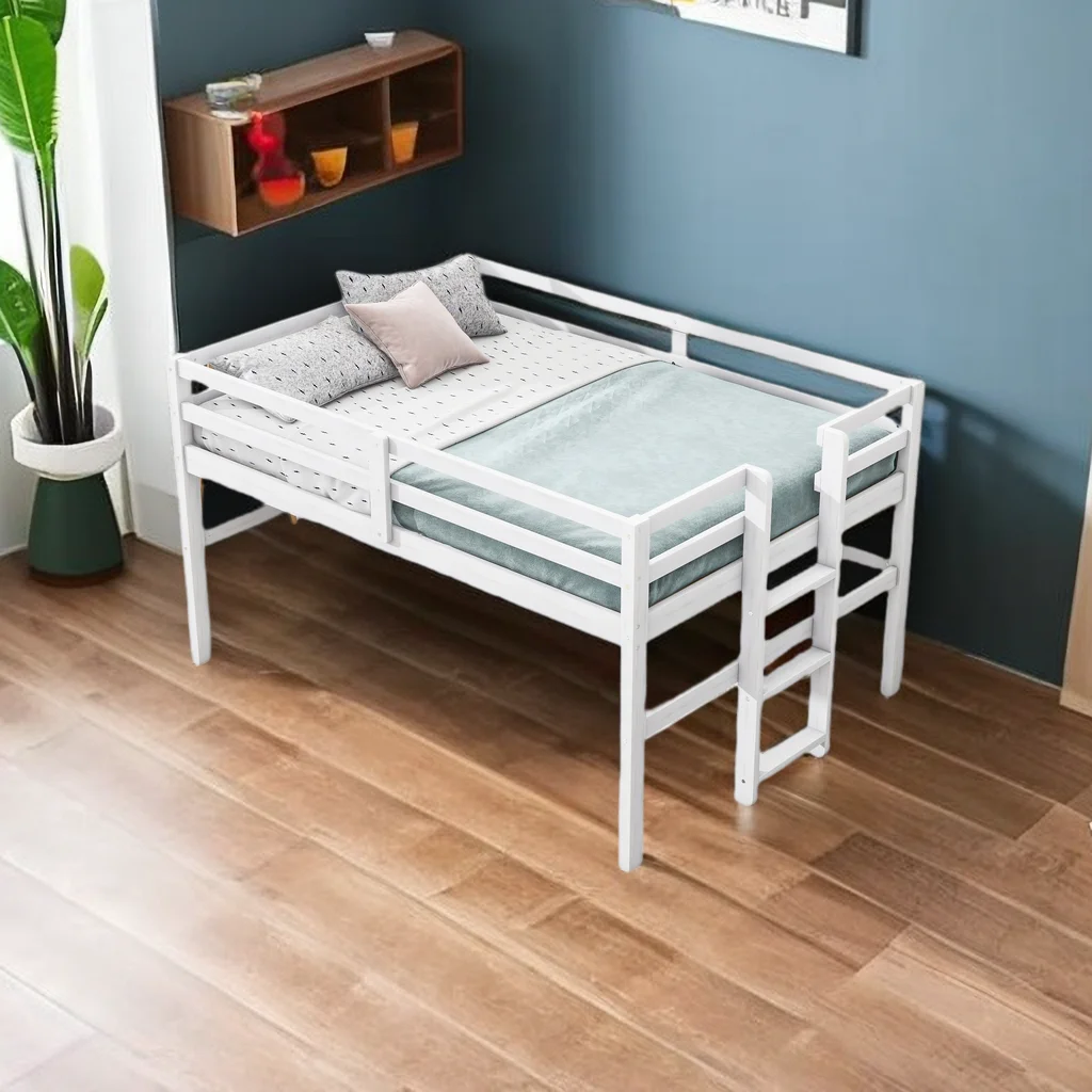 Loft Bed Twin Size, Modern Wooden Low Twin Loft Bed with Side Steps, High Guardrails, Fun-Filled Space, Pine Frame, Space-Saving, for Bedroom
