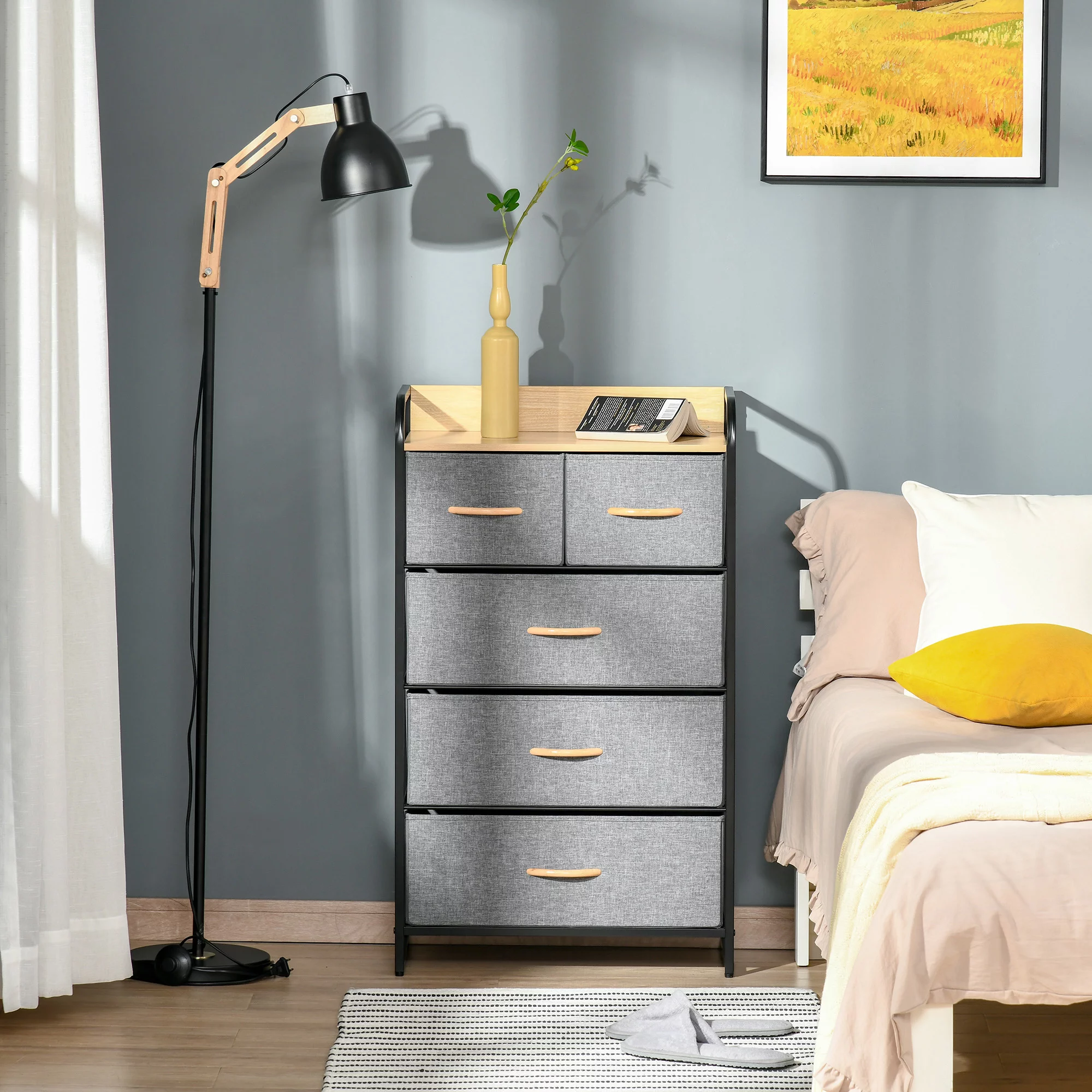 HOMCOM 5-Drawer High Fabric Storage Bedroom Closet Dresser Bins w/ Shelf