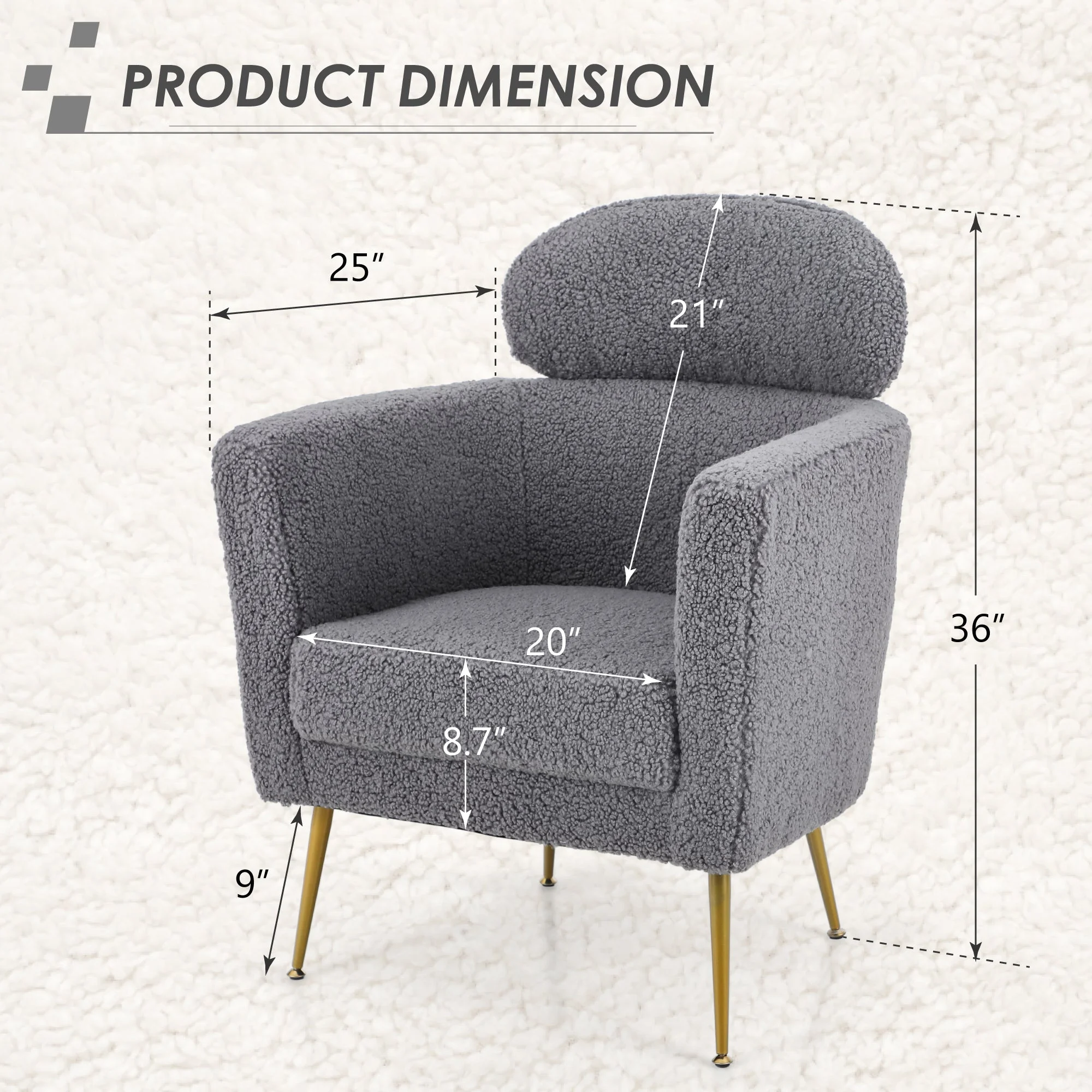 Summit Living Sherpa Accent Chair with Adjustable Headrest, Teddy Barrel Sofa for Living Room Bedroom Office, Gray