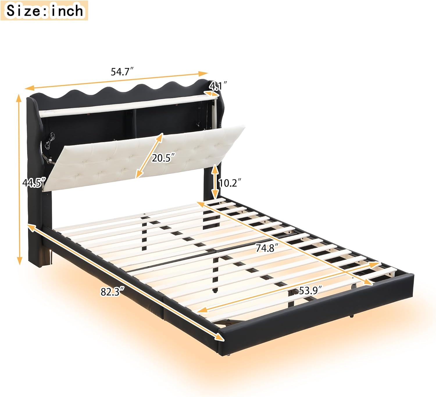 Full Size Upholstery Platform Bed Frame with LED Light Strips,Headboard Storage Space and Two USB Charging Deisgn