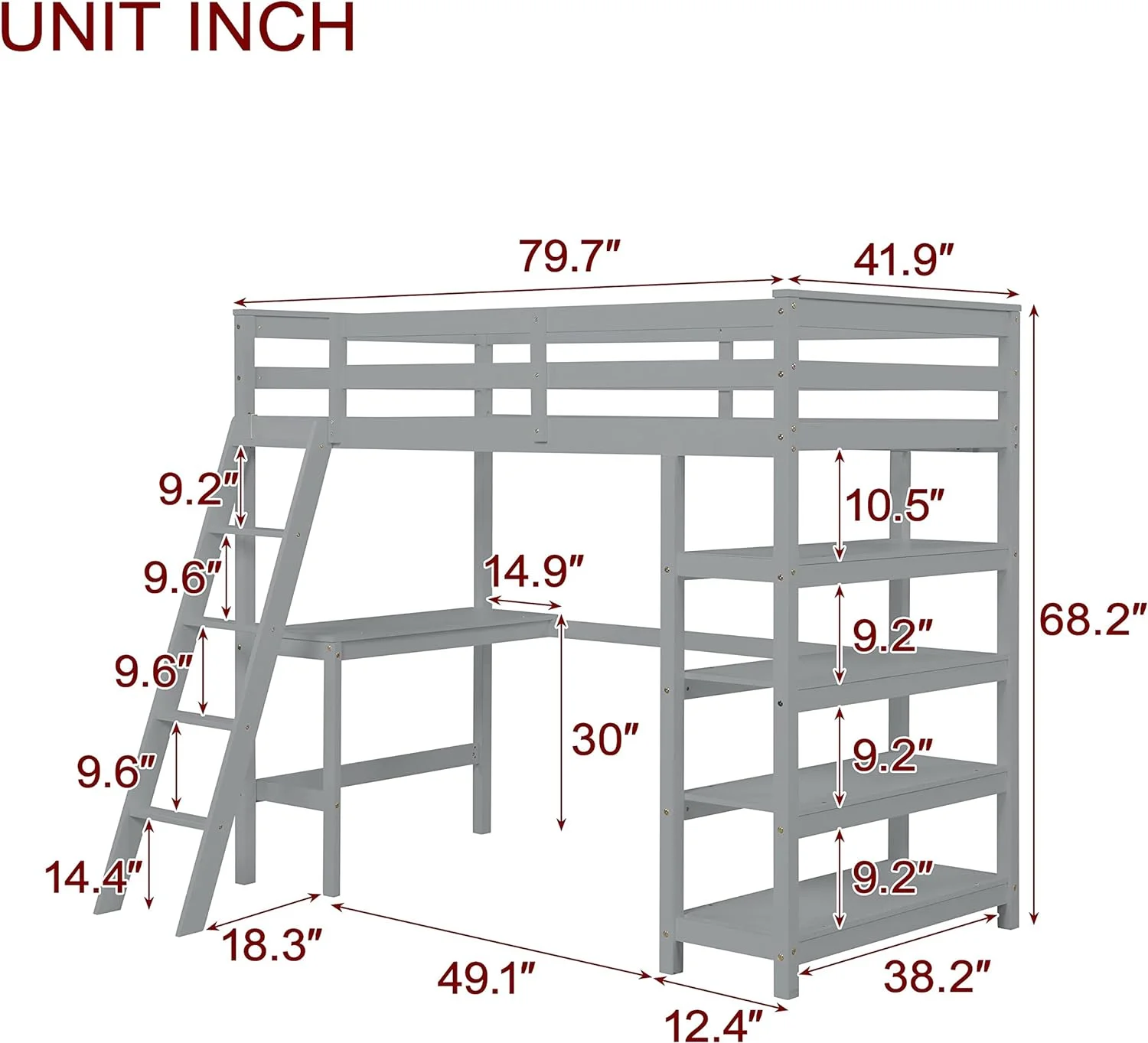 Size Loft Bed With Desk And Storage Shelves, Loft Bed With Ladder And Guard Rail, Wooden High Loft Bed Frame For Kids, Teens, Adults (, Gray)