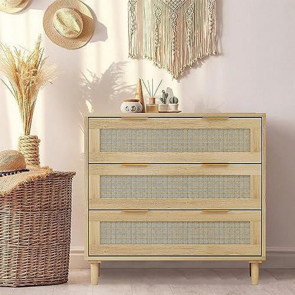 HBBOOMLIFE 3 Drawer Dresser Rattan Dresser Wood Chest of Drawers Farmhouse Rattan Dresser Chest Cabinet for Closet for Bedroom Living Room Hallway Entryway