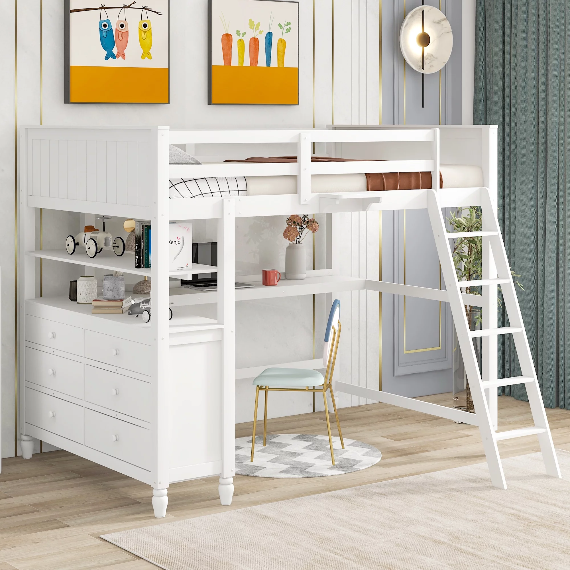 CoSoTower Full Size Loft Bed with Drawers and Desk, Wooden Loft Bed with Shelves - White