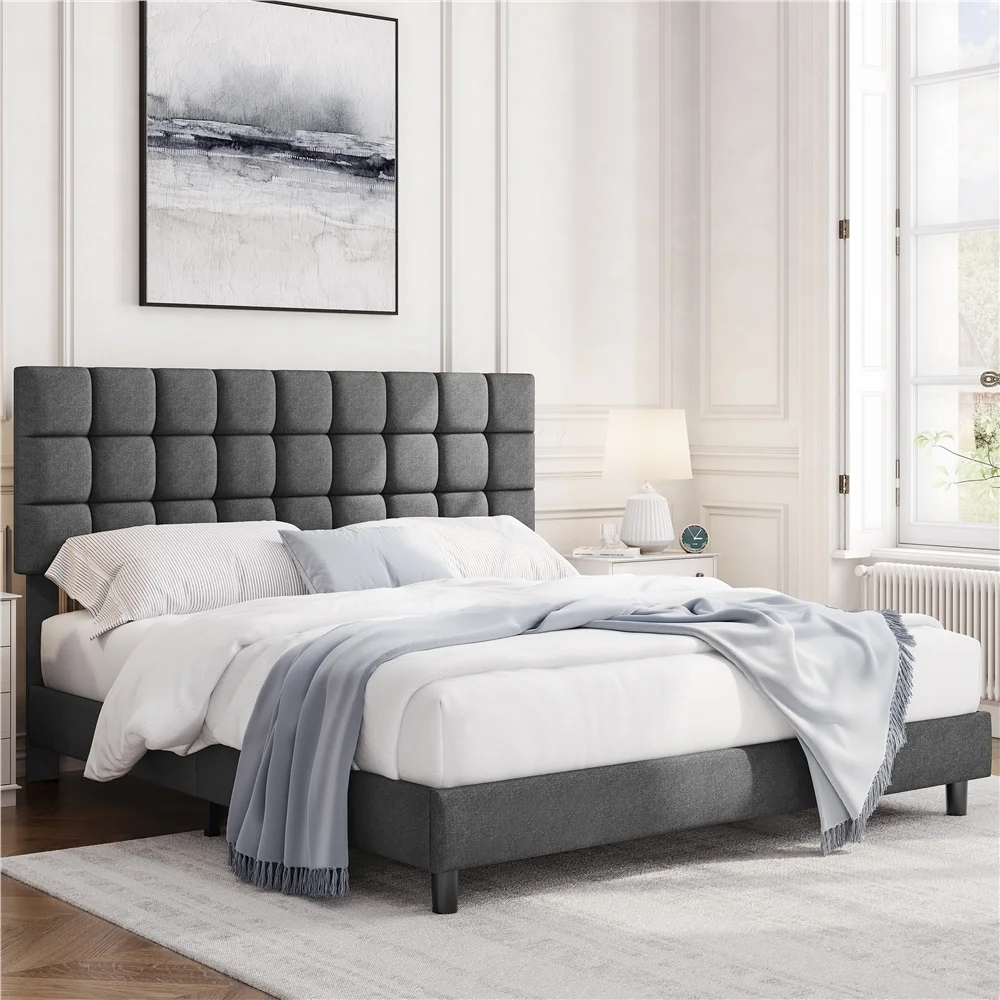 Topeakmart King Size Upholstered Platform Bed with Adjustable Tufted Headboard, Dark Gray