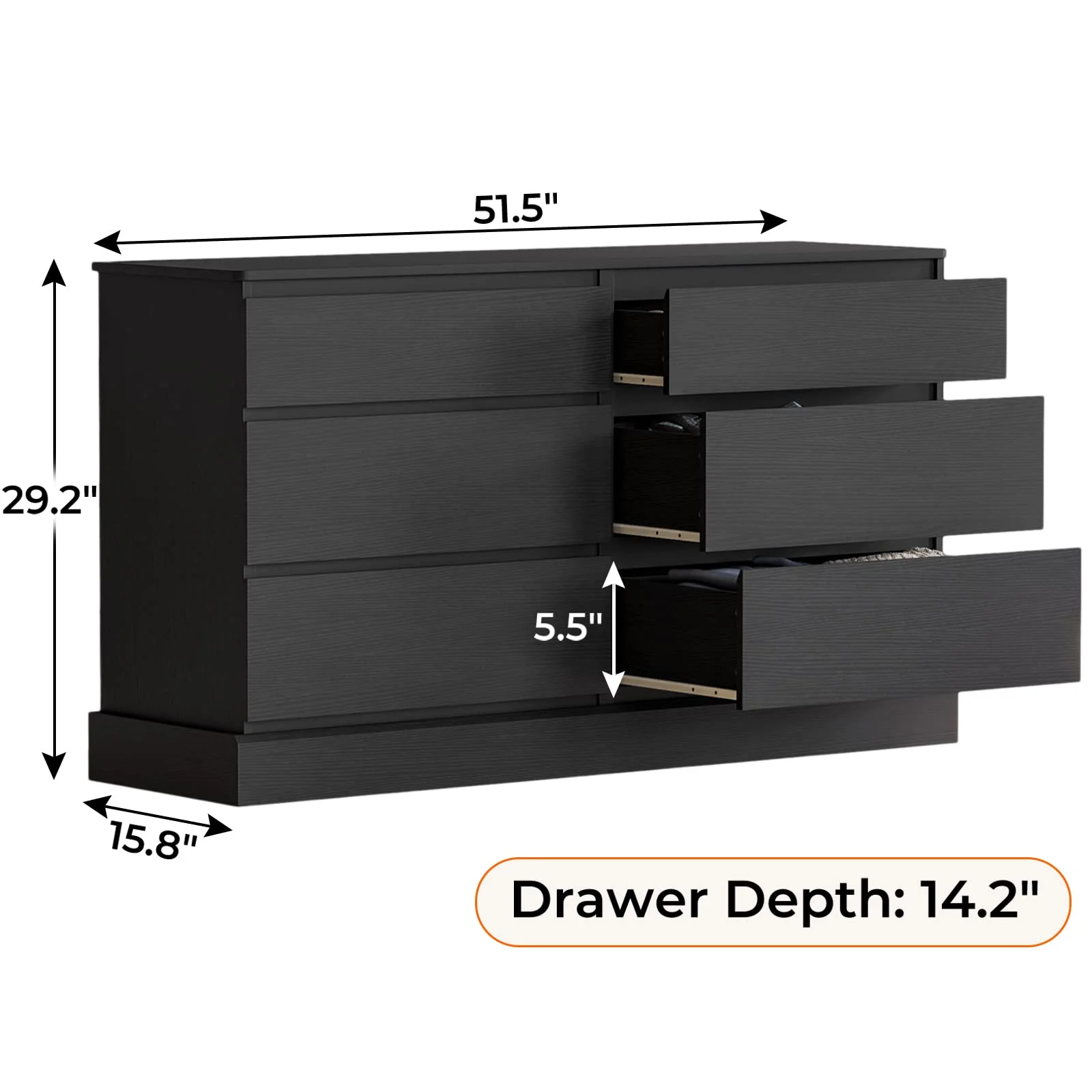 Weiplehoom 6 Drawer Double Dressers for Bedroom, Black