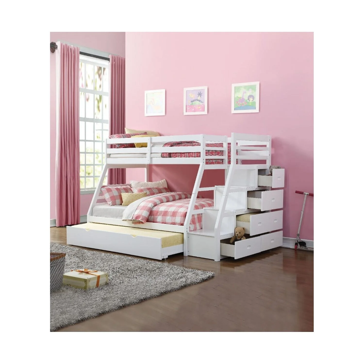 Benzara BM163463 Wooden Twin & Full Bunk Bed with Storage Ladder & Trundle, White