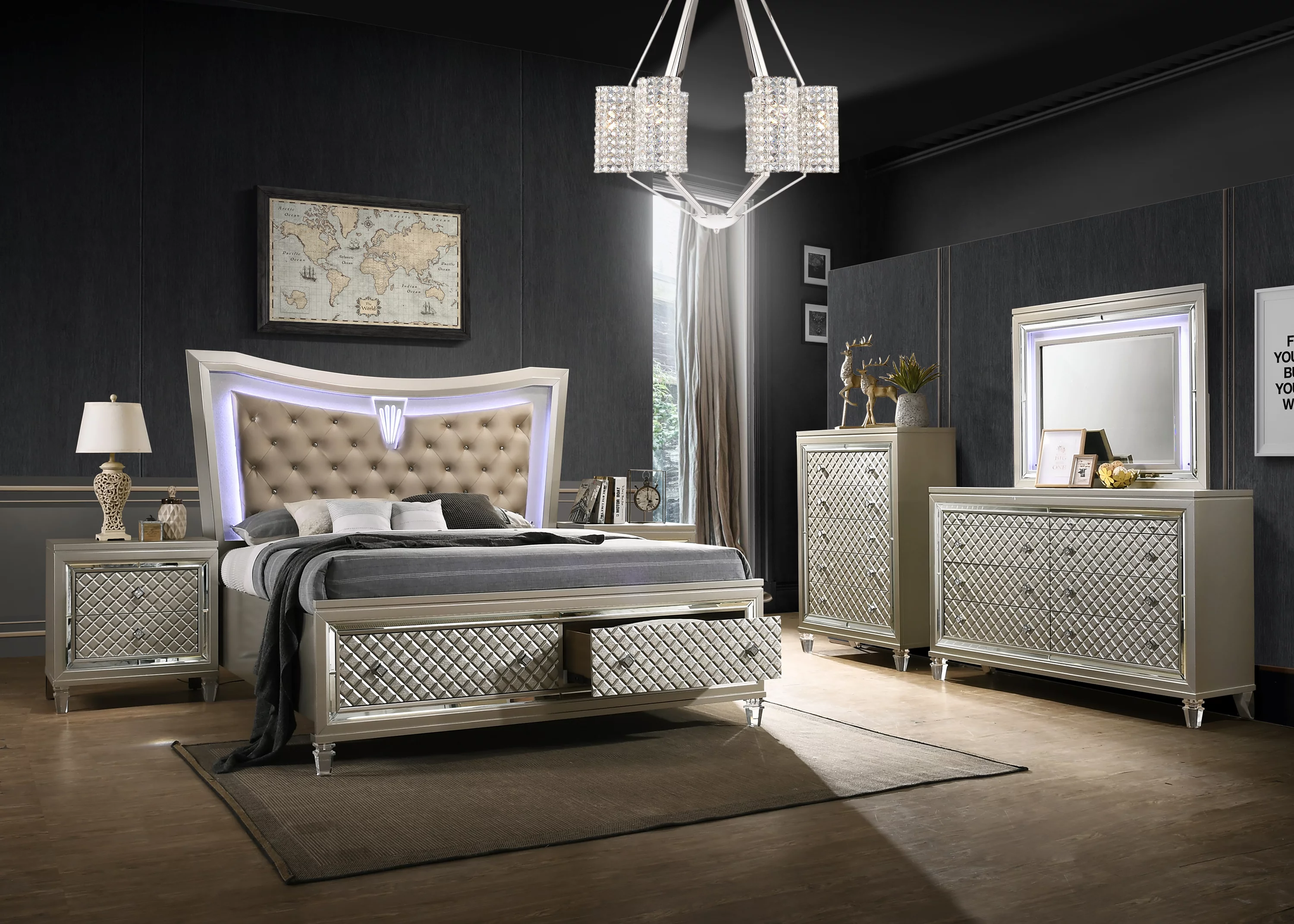 3PC Bedroom Set, Platform Panel Bed with LED Lit Headboard