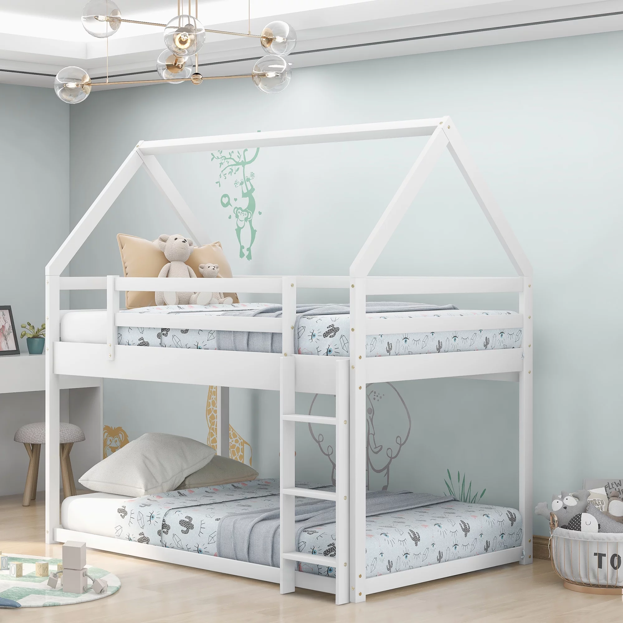 Euroco Twin over Twin House Bed, Low Bunk Bed for Kid's Room, White