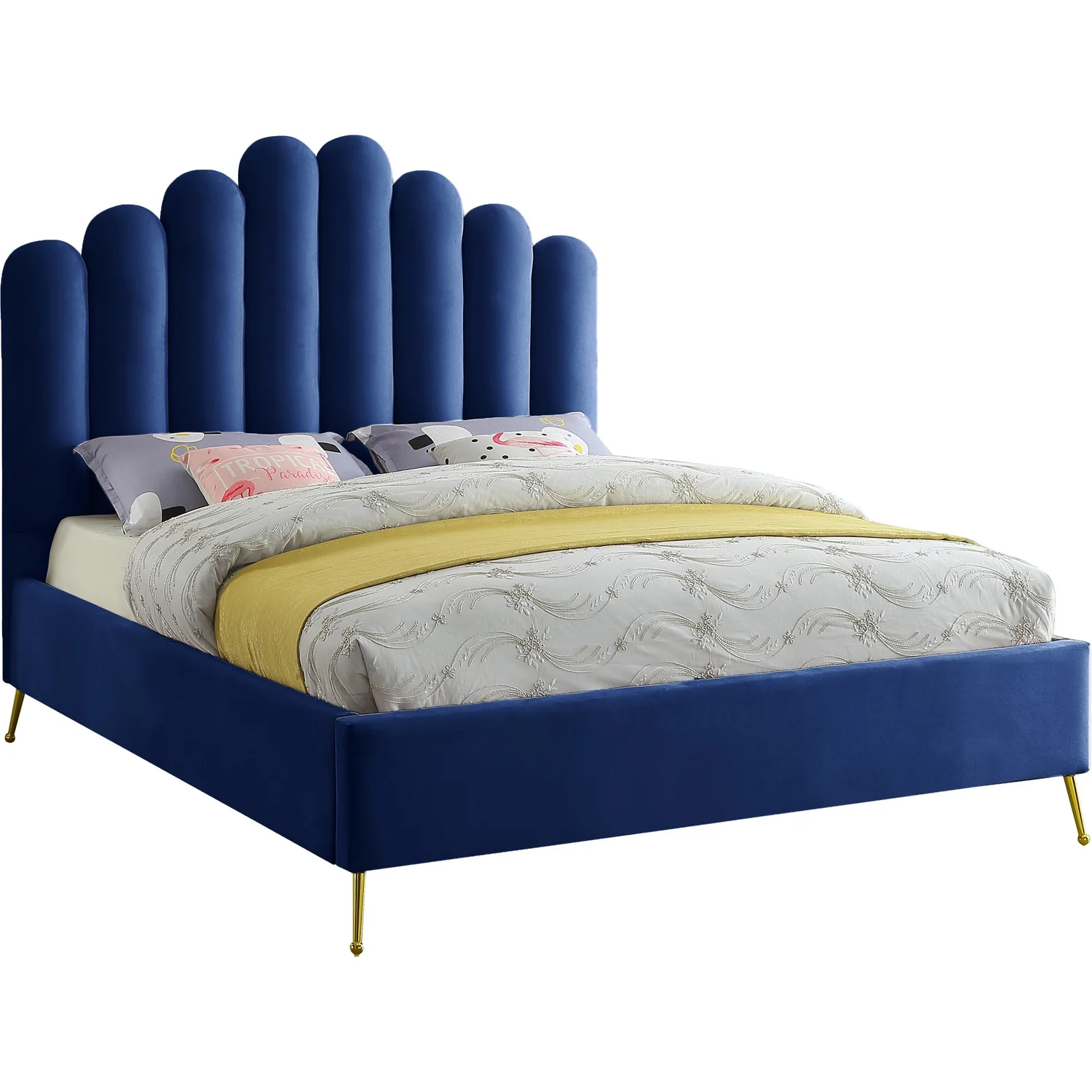 Maykoosh Art Nouveau Allure Velvet Upholstered Platform Bed with Sturdy Gold Steel Legs and Deep Channel Tufted Headboard