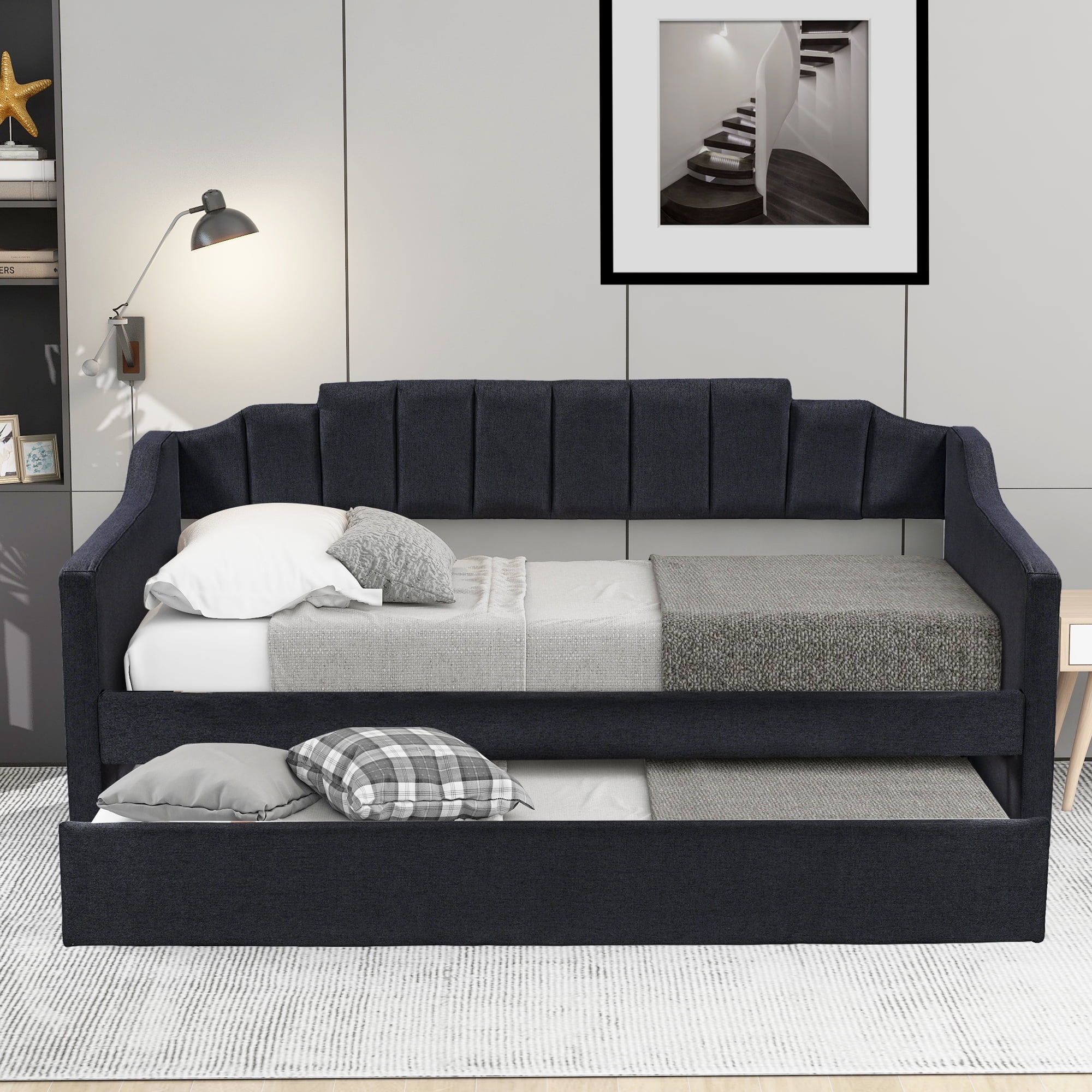 Dawn Whisper Upholstered Twin Daybed with Trundle, Black