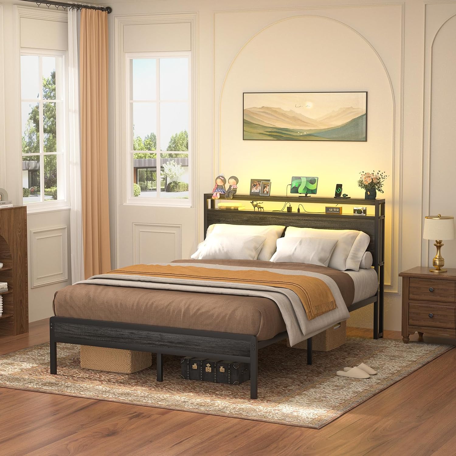 Full Size Bed Frame with Charging Station and Led Lights, Industrial Metal Platform Bed with Storage Headboard, Steel Slat Support, No Box Spring Needed, Noise-Free, Black Oak
