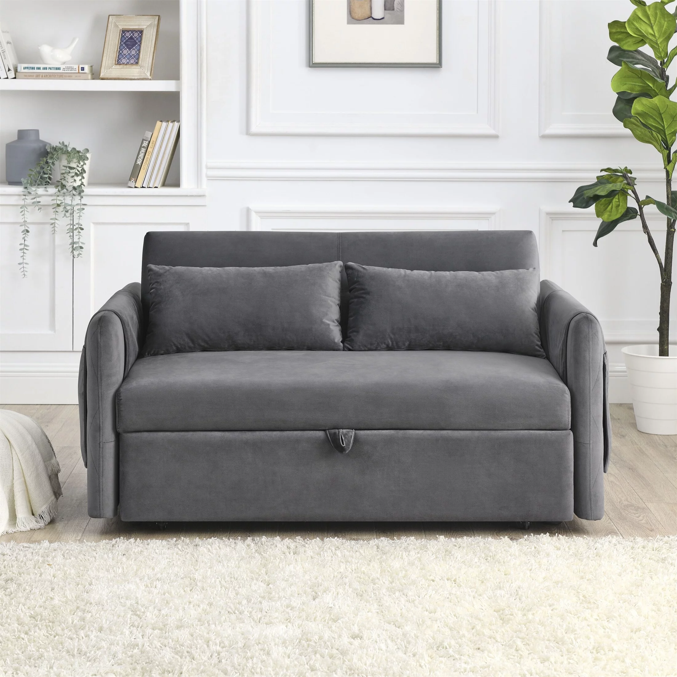 YJTONWIN Convertible Velvet Loveseat Sofa Bed Pull Out Bed Adjustable Backrest Grey