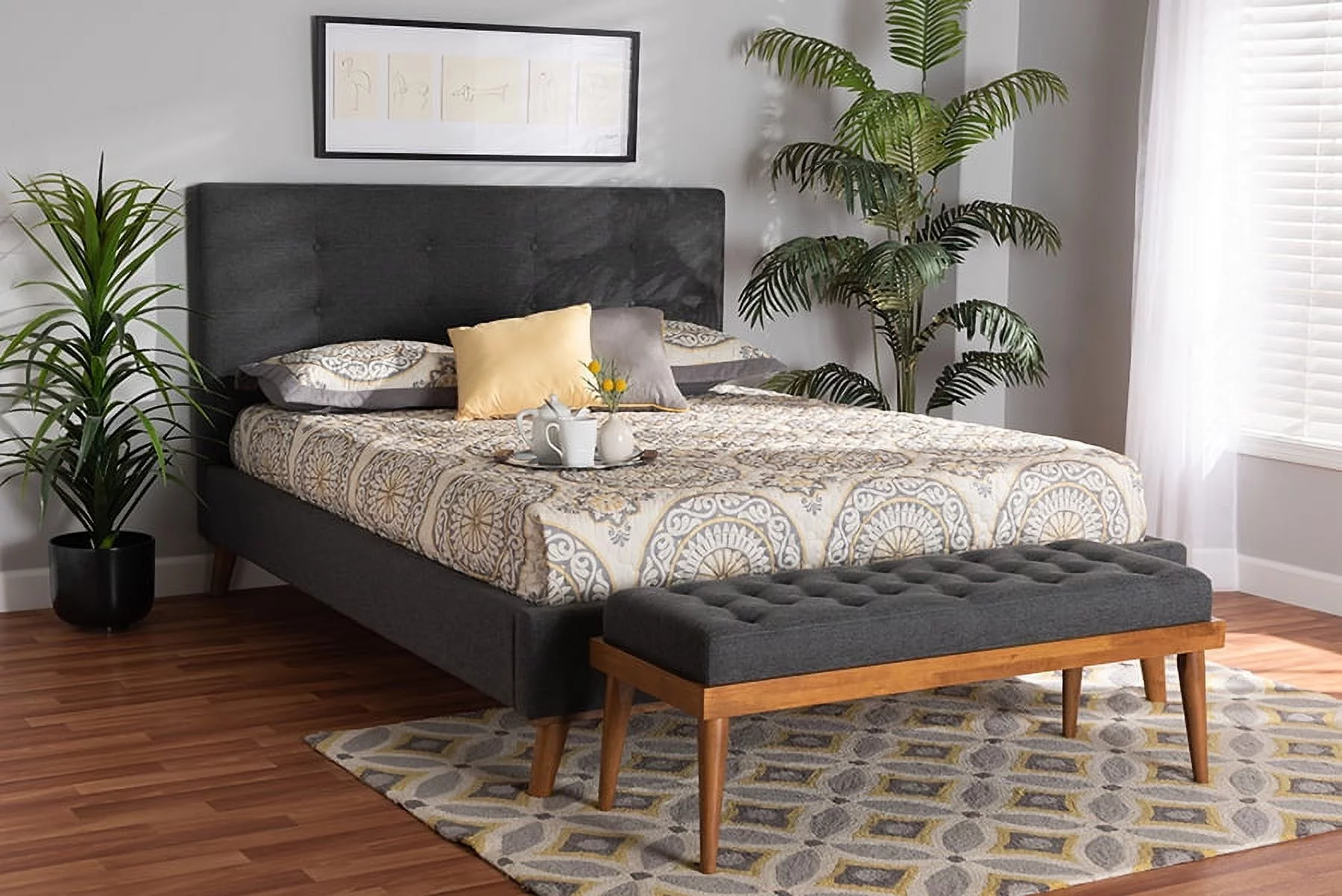 Baxton Studio Valencia Mid-Century Modern Dark Grey Fabric Upholstered King Size 2-Piece Bedroom Set