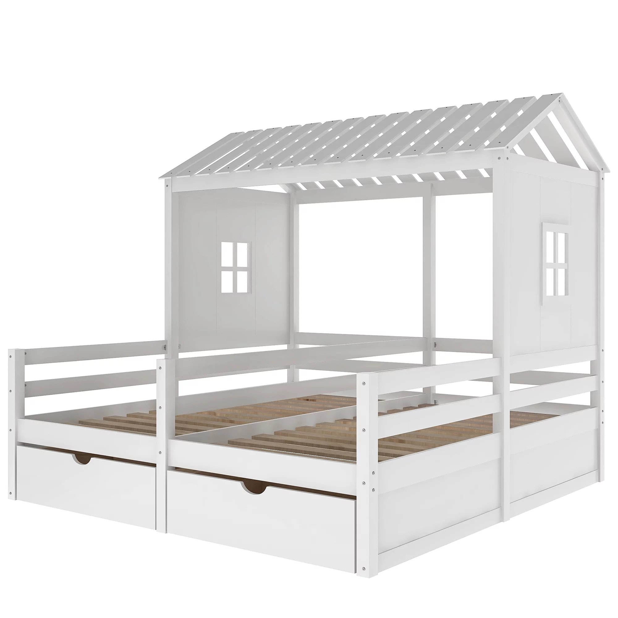 Sportaza Twin Size House Platform Beds with Two Drawers for Boy and Girl Shared Beds, Combination of 2 Side by Side Twin Size Beds, White