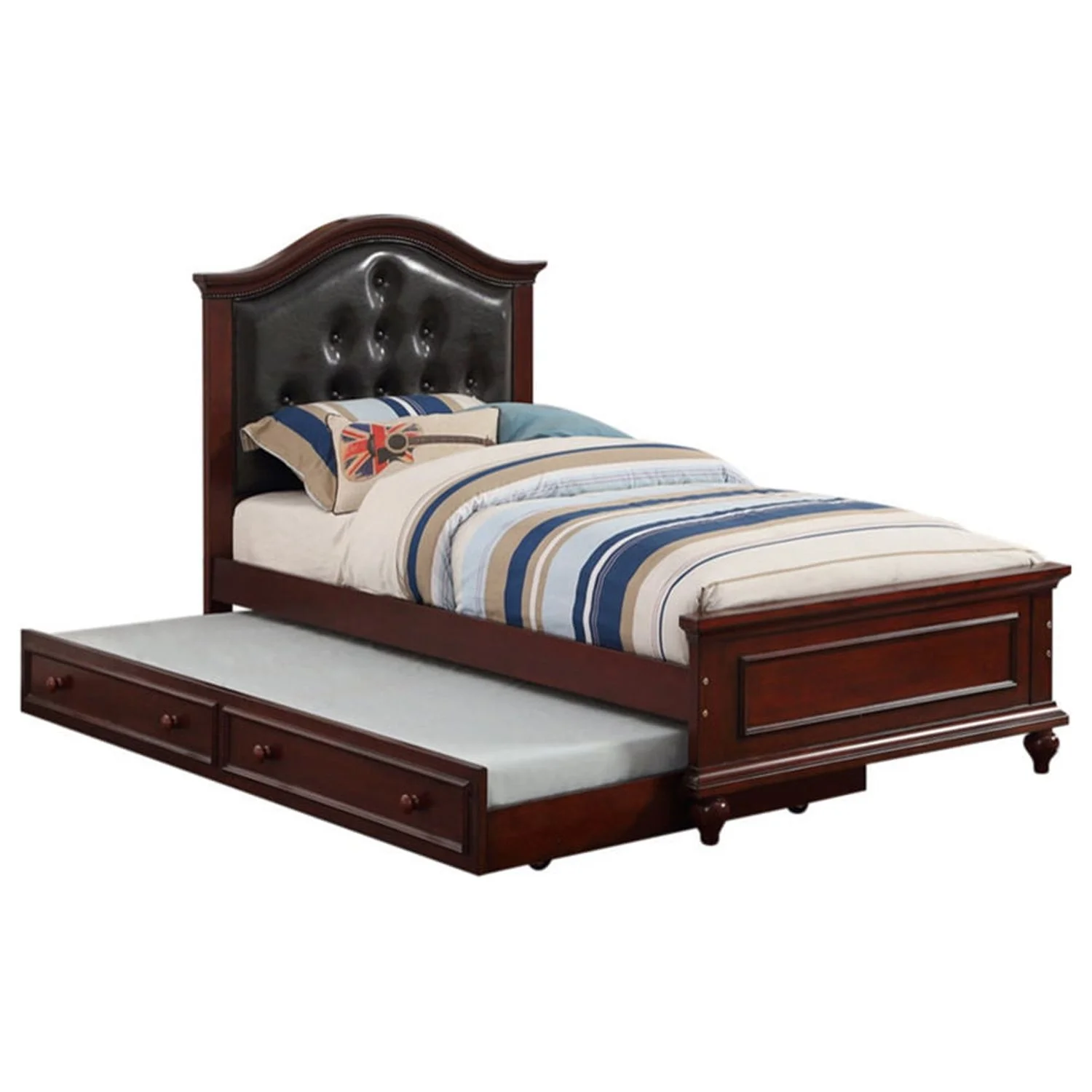 Benzara BM167275 Cherub Twin Size Bed with Trundle, Black/Cherry Brown