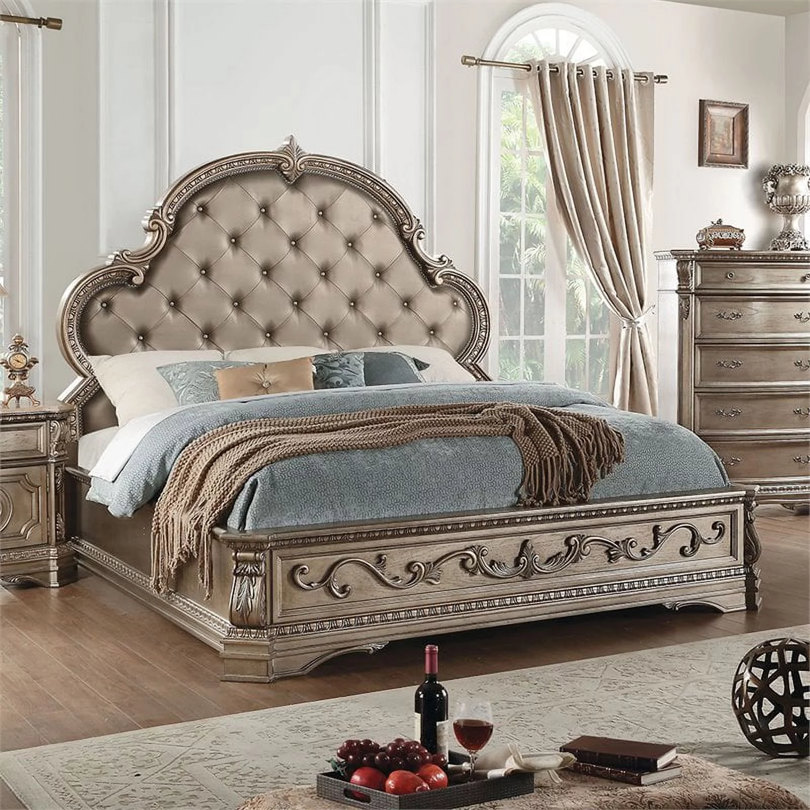 Bowery Hill Traditional Faux Leather Tufted King Panel Bed in Mahogany