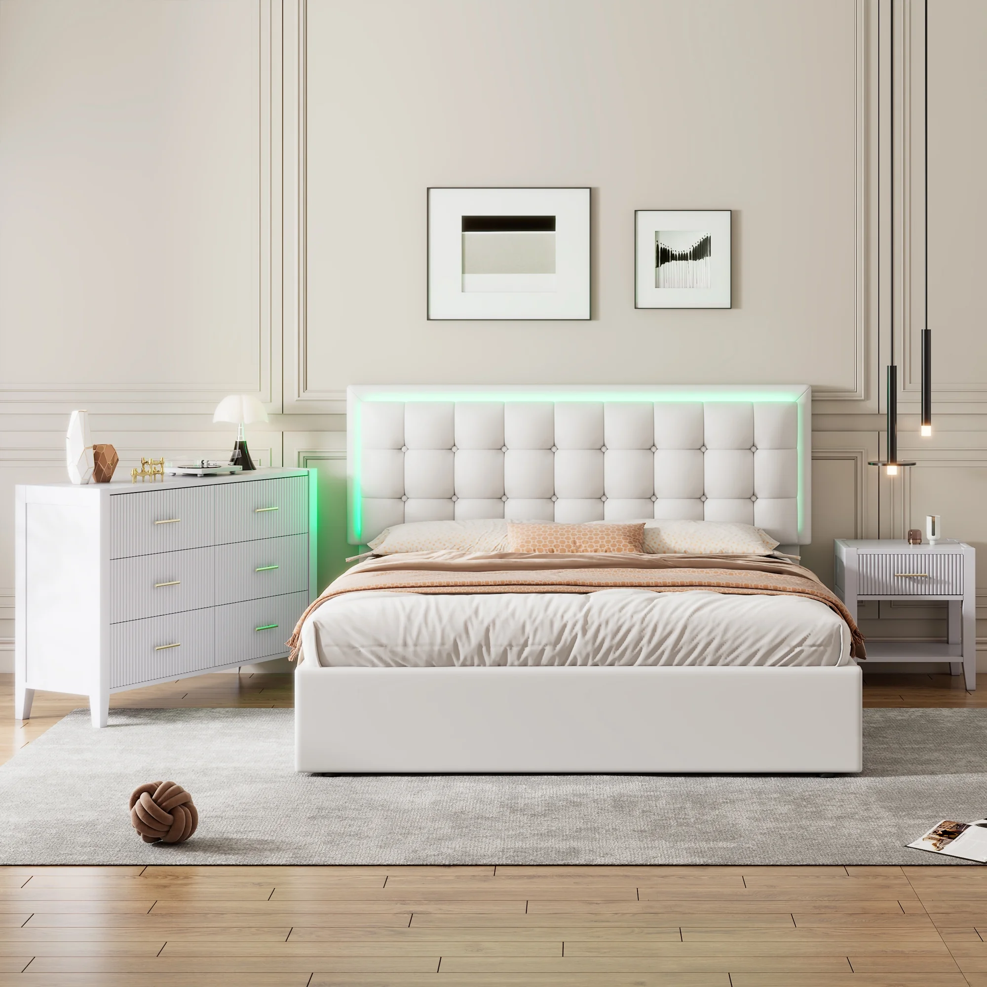 CoSoTower 3-Pieces Bedroom Sets Queen Size Tufted Upholstered PU Platform Bed with Nightstand and Storage Dresser, White
