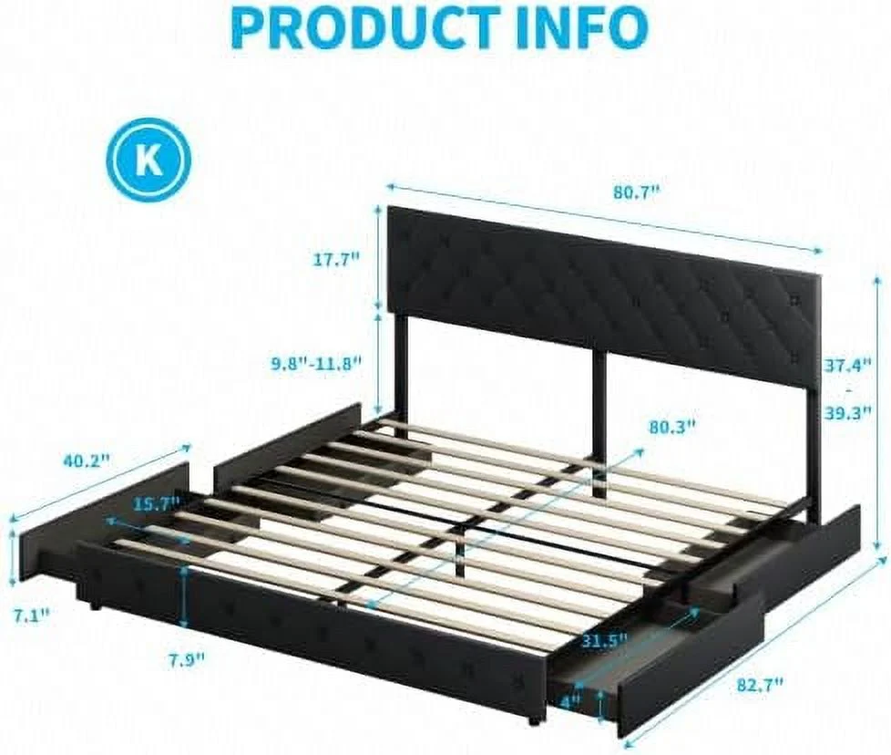 Upholstered Bed Frame with 4  Drawers  PU Leather King Size Platform Bed Frames with Adjustable Headboard  No Box Spring Needed/Easy Assembly/No Mattress (King  Dark Grey)