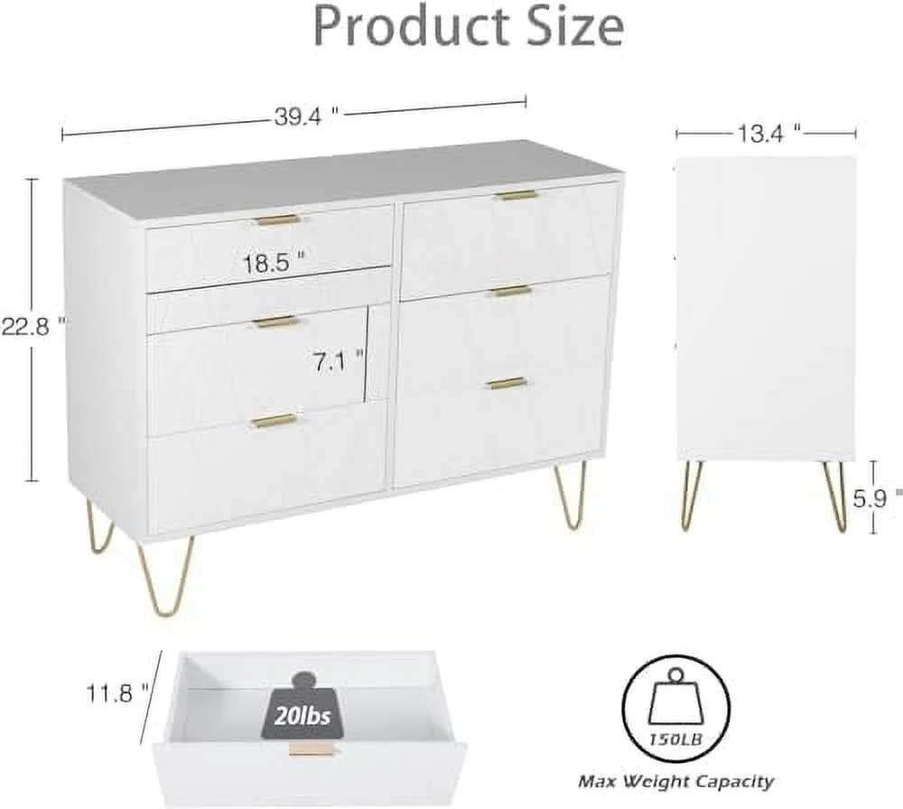 xrboomlife 6 Drawer Double Dresser Modern Chest of Drawers Dresser with Wide Drawers and Golden Handles for Bedroom Living Room Hallway Entryway (Black)