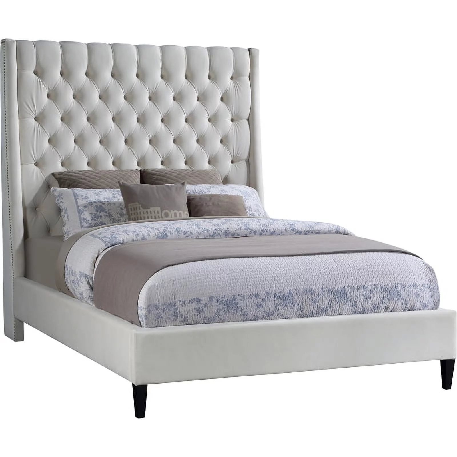 Maklaine Contemporary Upholstery Cream Velvet Queen Bed
