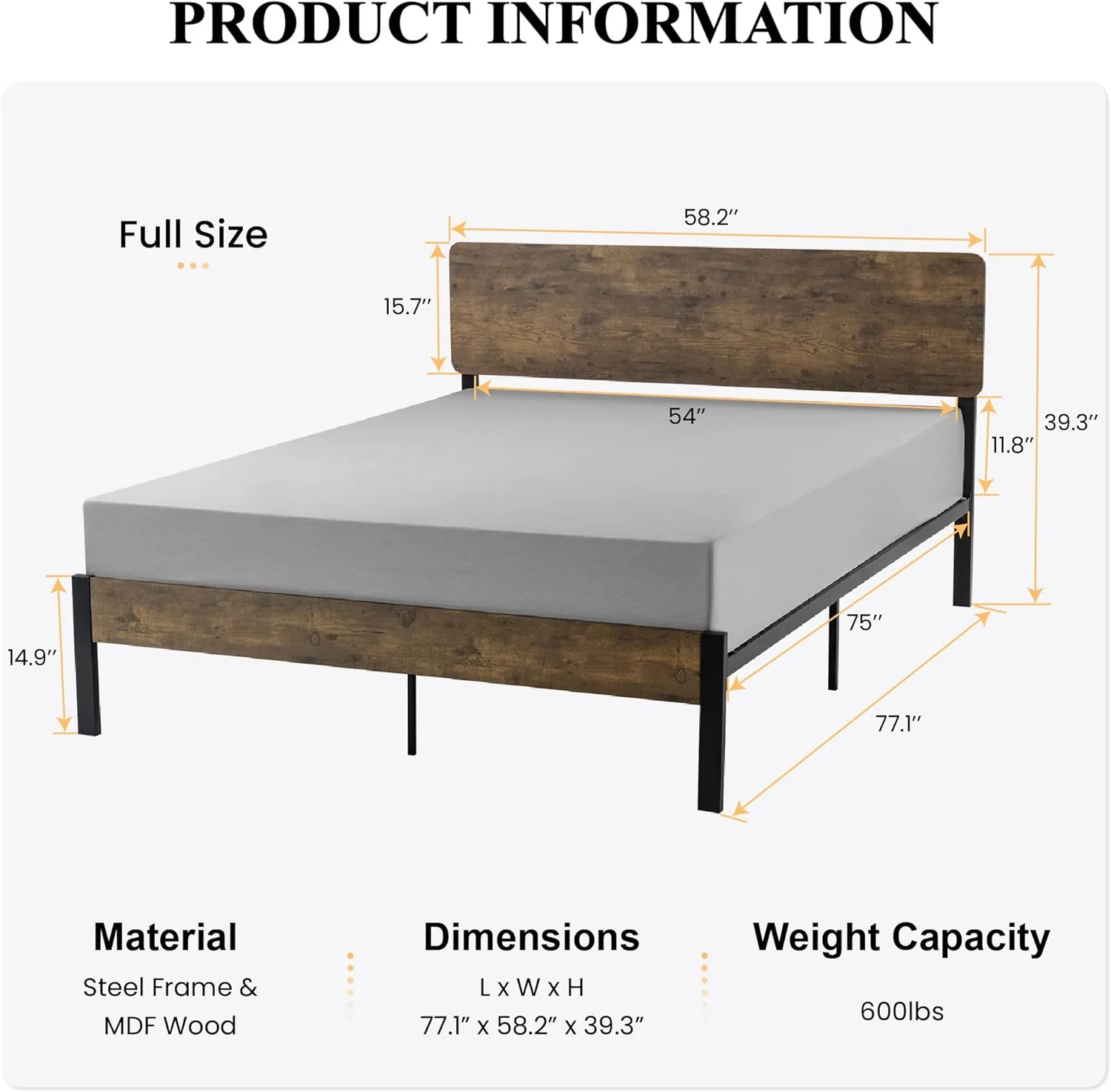 JIAH Metal Platform Bed Frame with Wooden Headboard and Footboard/Rustic Mattress Foundation/No Box Spring Needed/Non-Slip Without Noise/Black&Brown