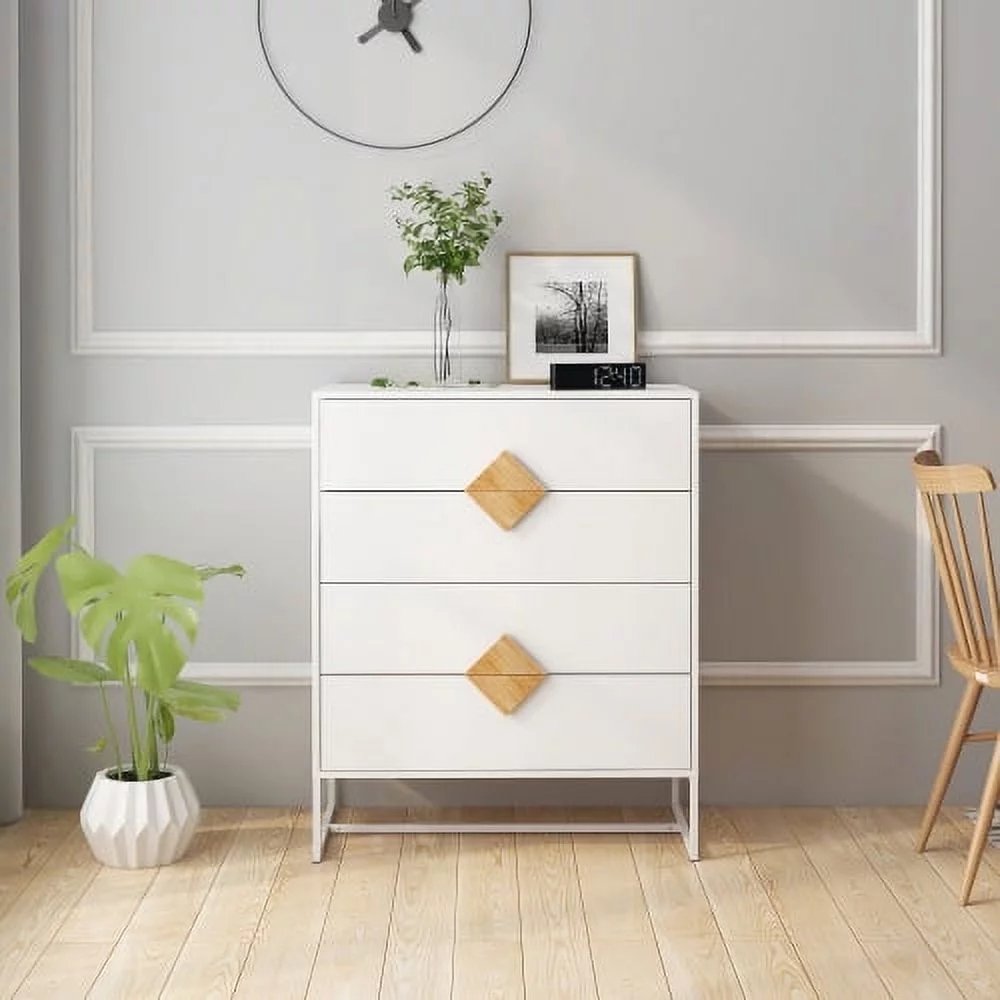 Motent Solid wood special shape square handle design with 4 drawers bedroom furniture dressers, White