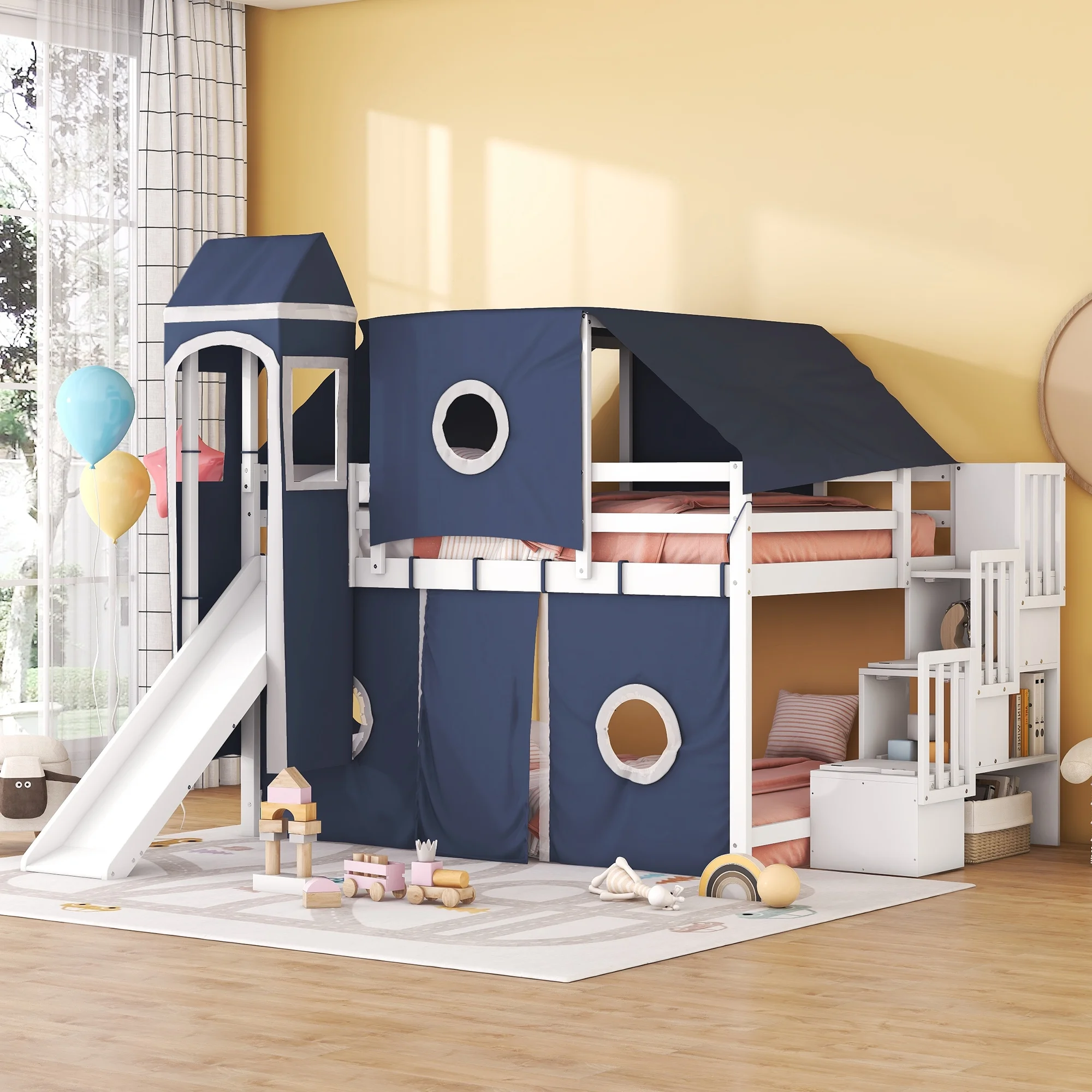 CoSoTower Full Size Loft Bed with Tent and Tower - Blue