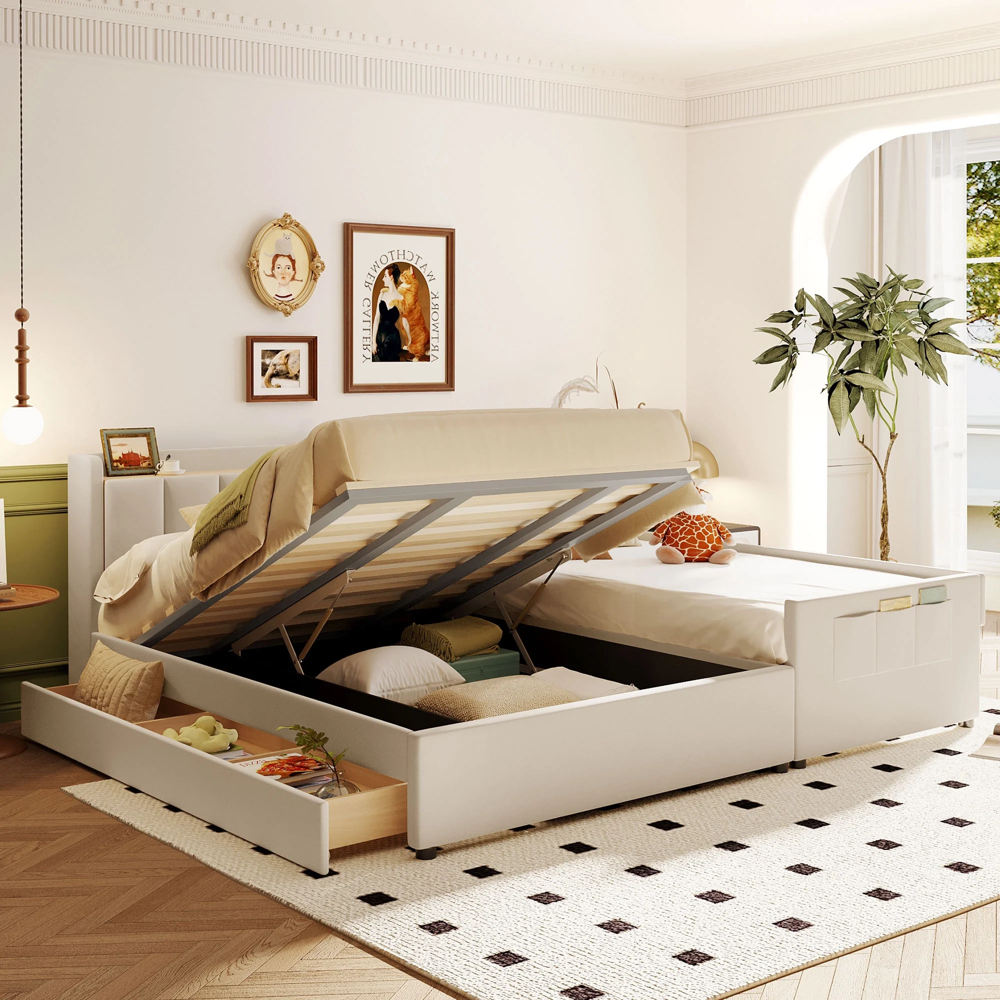 Queen & Twin XL Beige PU Leather Platform Bed with Hydraulic Storage, USB Ports & Shelf