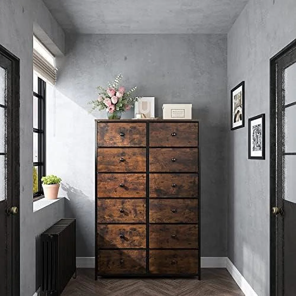 KHBIULIFE Dresser for Bedroom Tall Dresser with 12 Drawers Wooden Top and Metal Frame Black Dressers & Chest of Drawers for Bedroom  Closet  Clothes Black 35" L x 12" W x 52&#