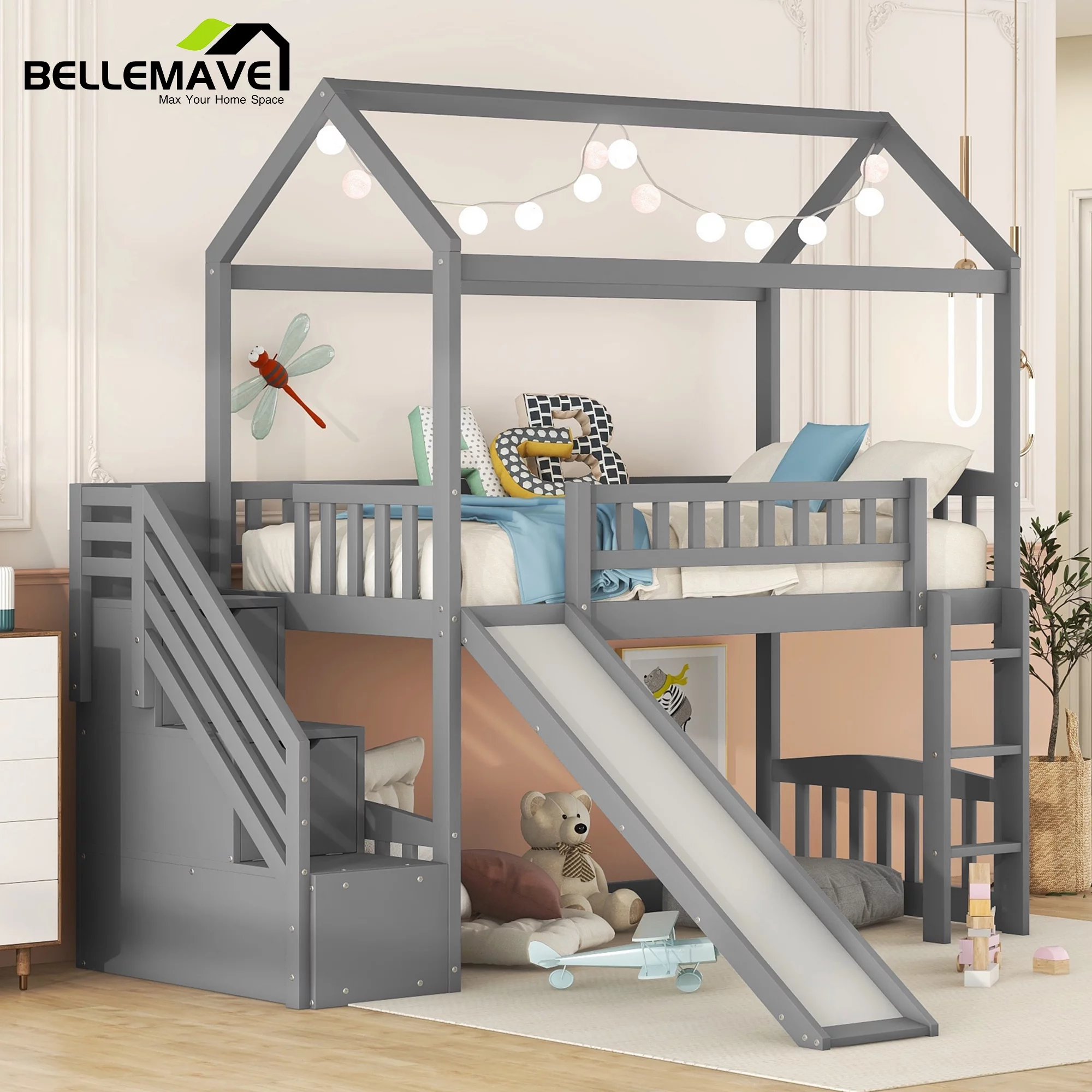 House Loft Bed Twin Size, Twin Loft Bed with Slide, Wood Loft Bed with Storage Stairs, Ladder and Full-Length Guardrail, Kids House Bed/Kids Slide Bed(Gray)