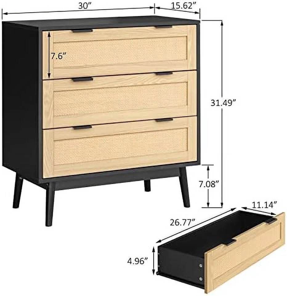 NLIBOOMLife Large Nightstand 3 Drawer Dresser for Bedroom Chests of Drawers Black Modern 6 Drawer Dresser and Nightstand Sets Rattan Drawer Living Room
