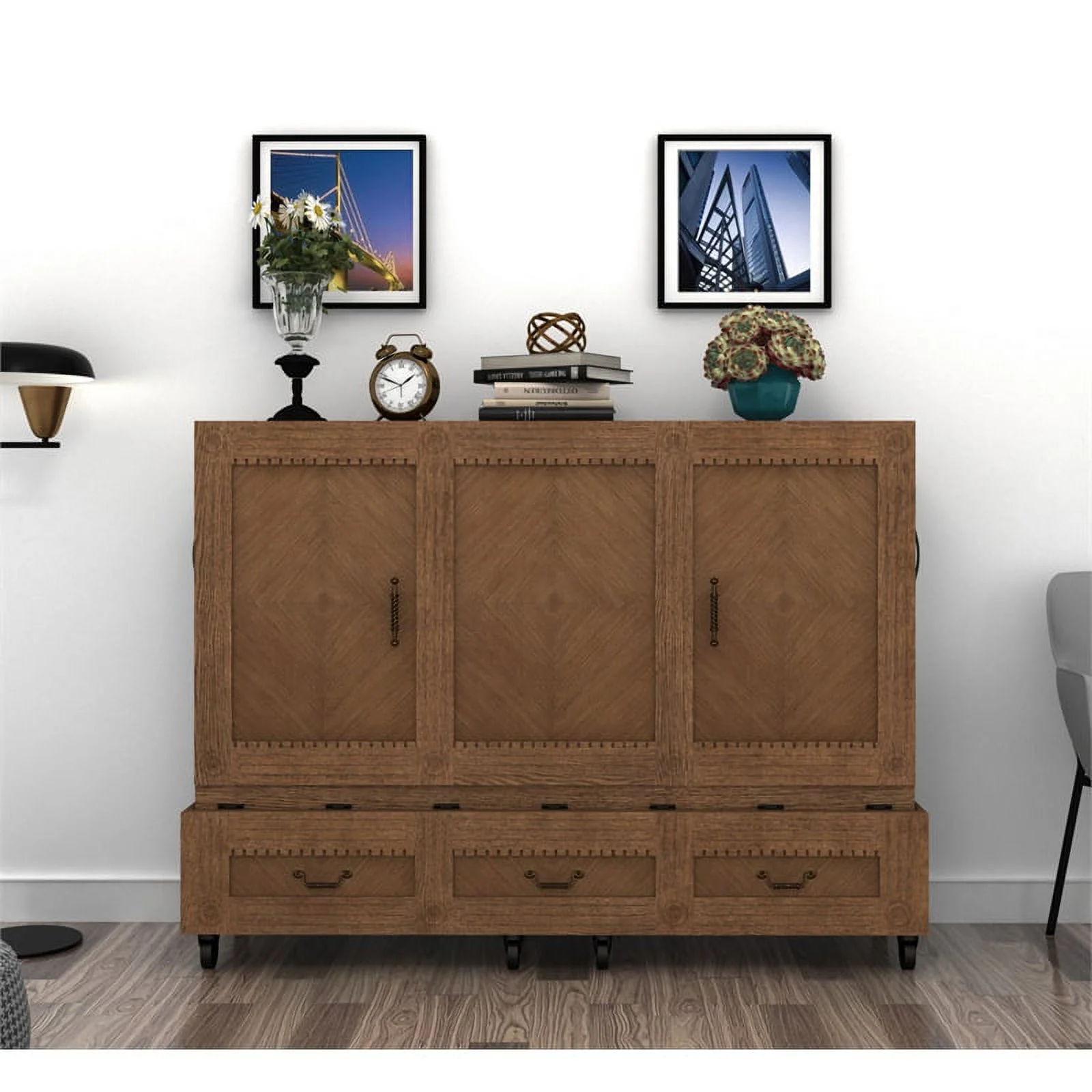 RoomAndLoft Imperial Queen Solid Wood Mobile Murphy Cabinet Bed in Brown