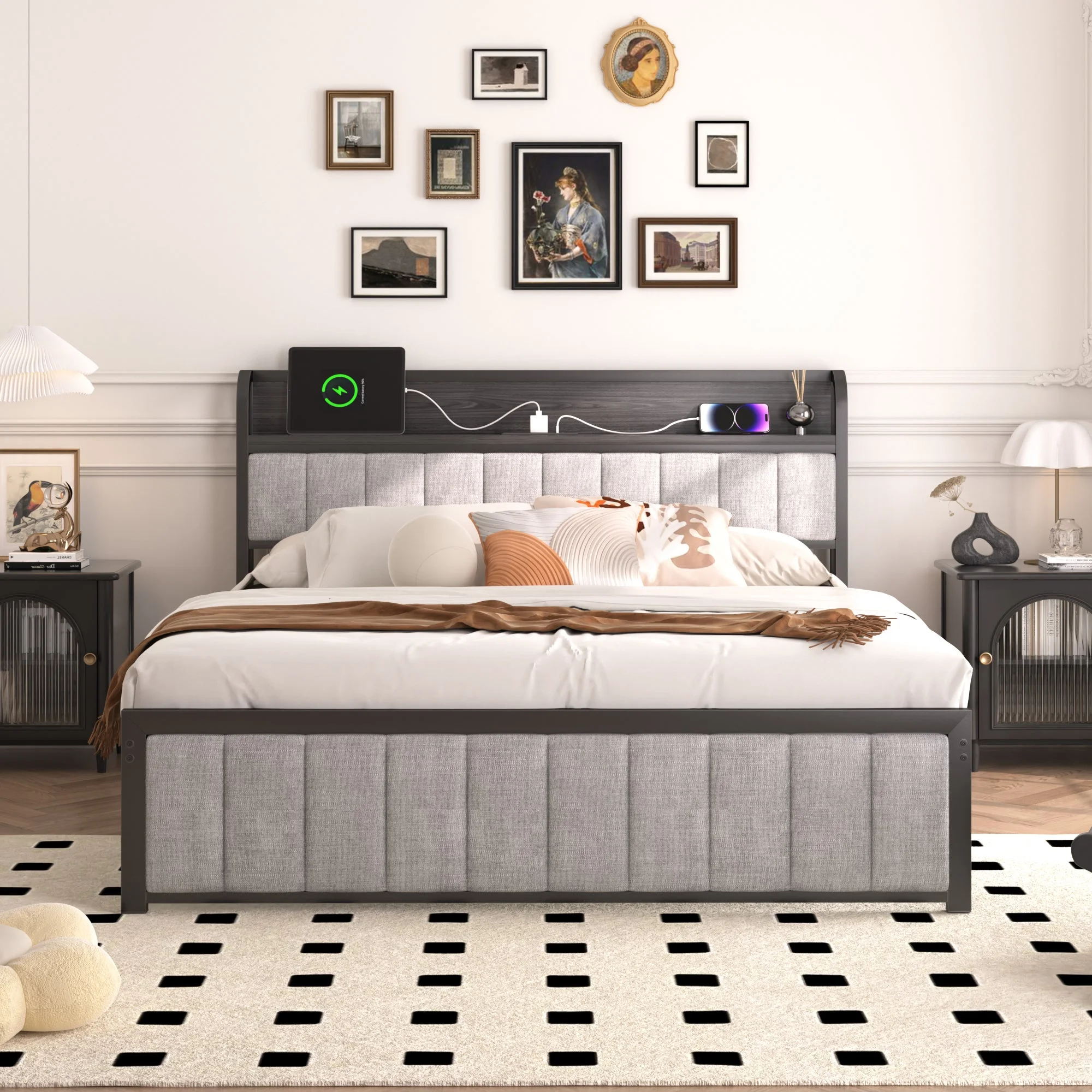 VECELO Full Size Bed Frame with Charging Station, Upholstered Platform Bed Frame with Storage Headboard, Metal Slats Supports Mattress Foundation, No Box Spring Needed, Gray