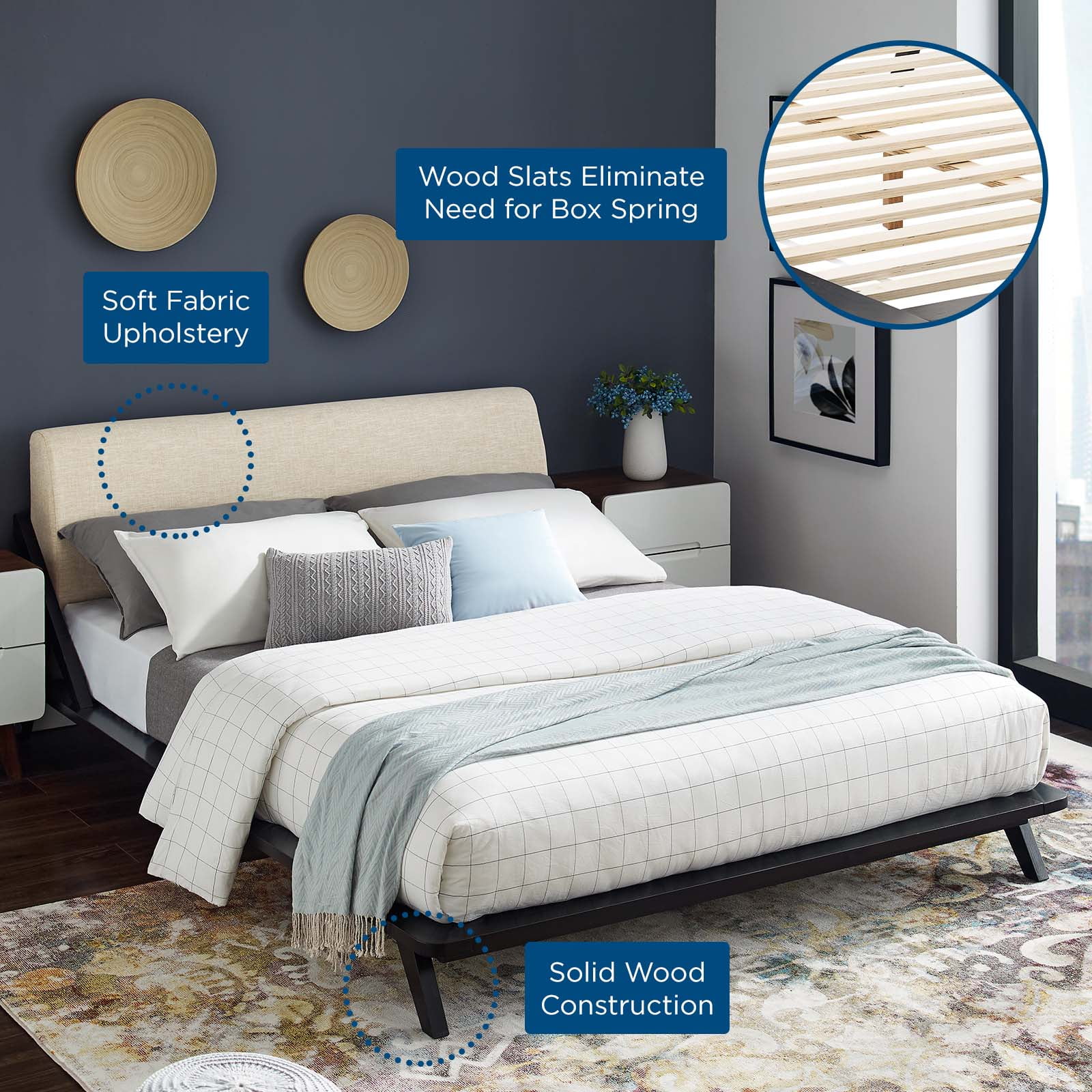 Modern Contemporary Urban Design Bedroom Queen Size Platform Bed Frame, Wood Fabric, Beige Brown Natural