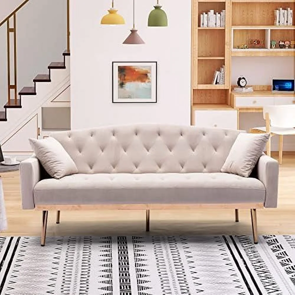 RUNFAYBIU 65\u201D White Convertible Velvet Sofa Bed  Modern Loveseat Sleeper Couch with 3 Adjustable Angles  Mid Century Accent Sofa with 2 Pillows for Living Room Bedroom Apartment