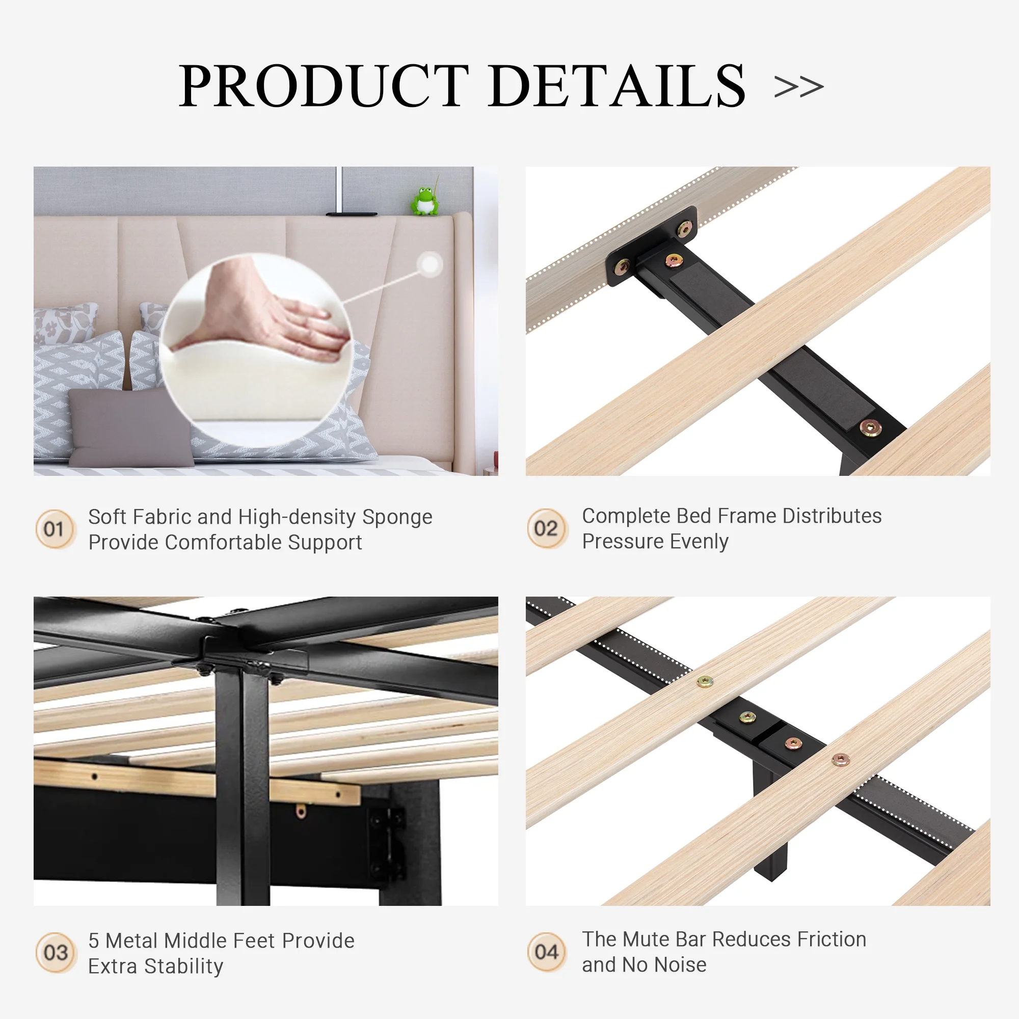 Kallabe King Upholstered Modern Wingback Platform Bed Frame with Headboard, Beige