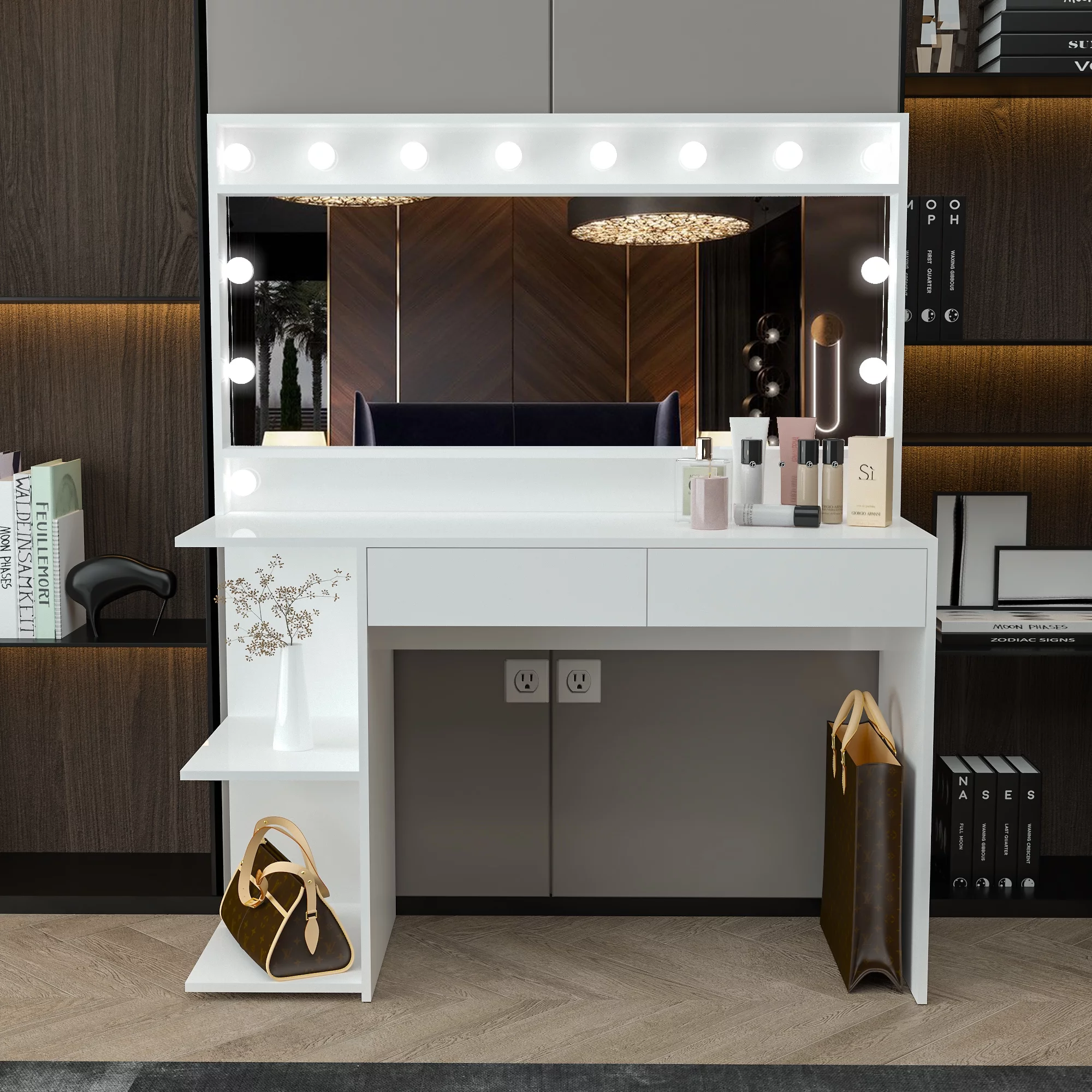 Boahaus Aine Modern Lighted Vanity Table, White, for Bedroom