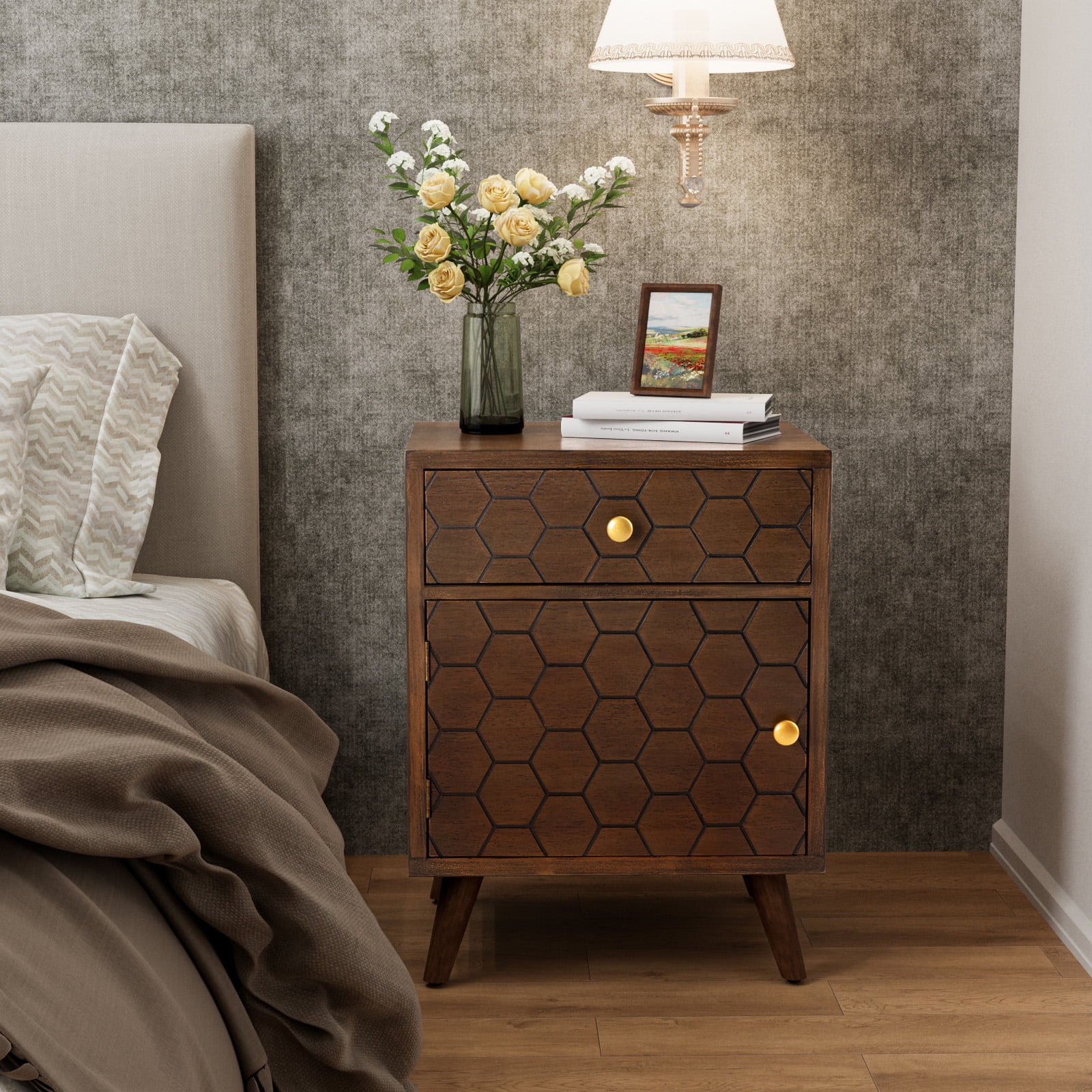 COSIEST Vintage Accent Nightstand End Table w Chest, Drawer