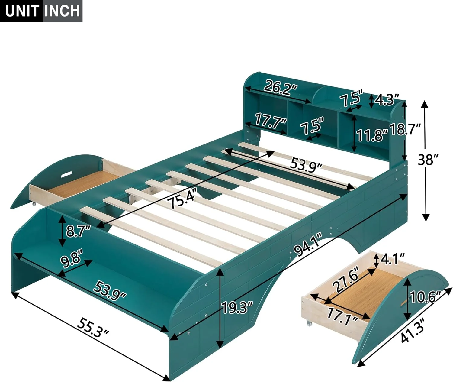 Wood Full Size Bed With Bookcase Headboard, Full Size Platform Bed Frame With 2 Drawers, Storage Headboard And Footboard, No Box Spring Needed, Green