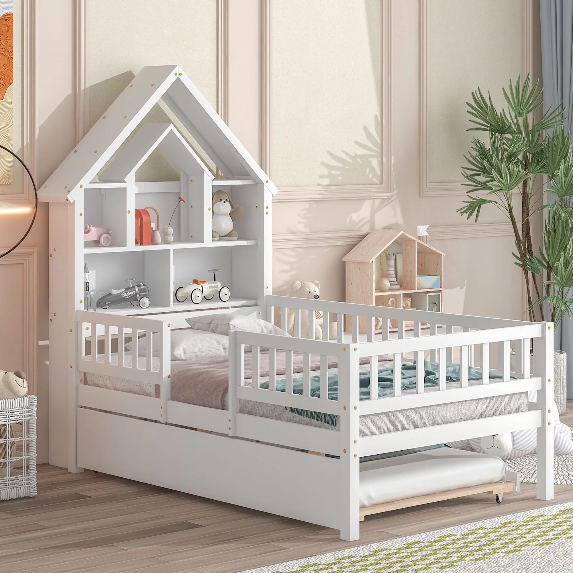 Single Bed with House-Shaped Bookcase Wooden Frame Headboard, Wooden Single Bed and Full Fence Guardrail and Wooden Slat Support for Girls and Boys, No Box Spring, White